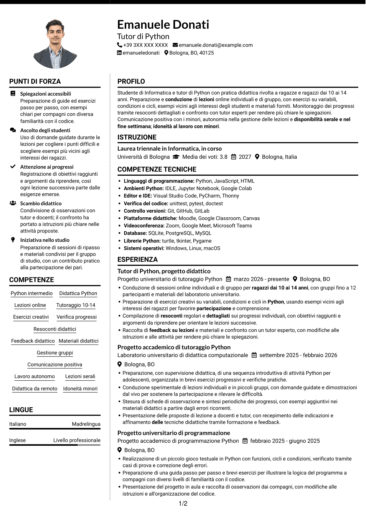 CV Moderno (formato a due colonne con foto a sinistra e separatore): Tutor di Python - Didattica online per ragazzi, pagina 1