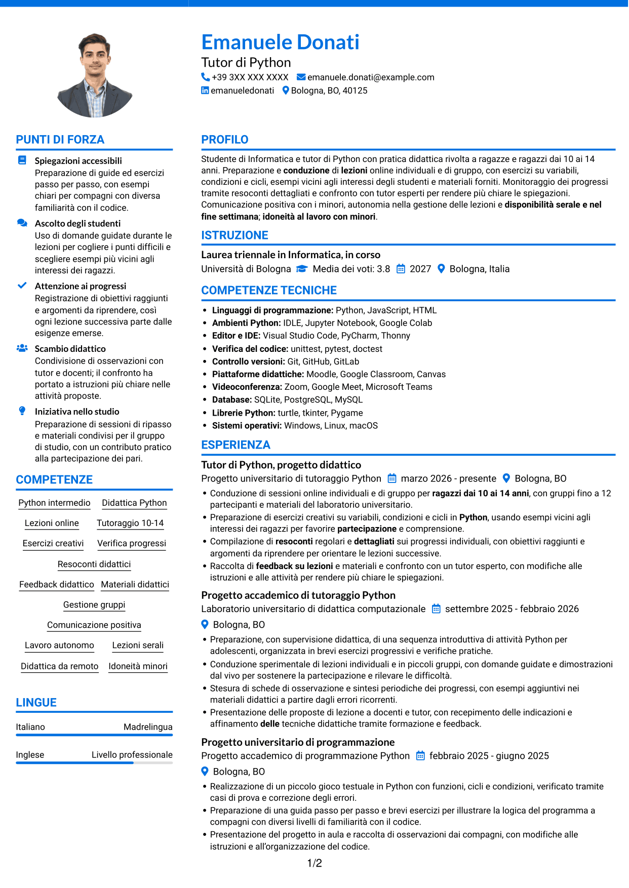 CV Audace (formato a due colonne con accenti colorati e foto): Tutor di Python - Didattica online per ragazzi, pagina 1