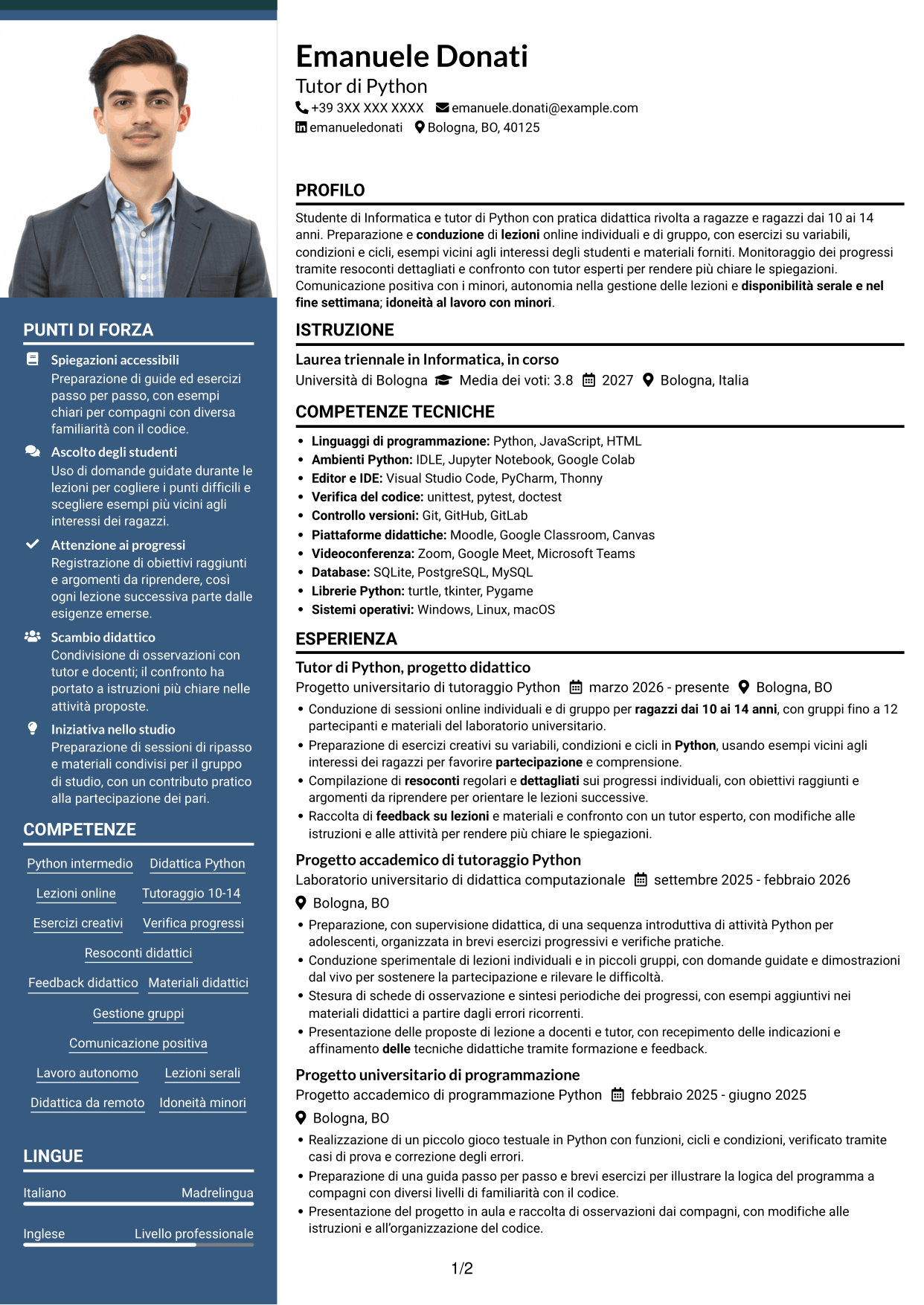 CV Signature (formato con colonna laterale colorata e foto grande): Tutor di Python - Didattica online per ragazzi, pagina 1