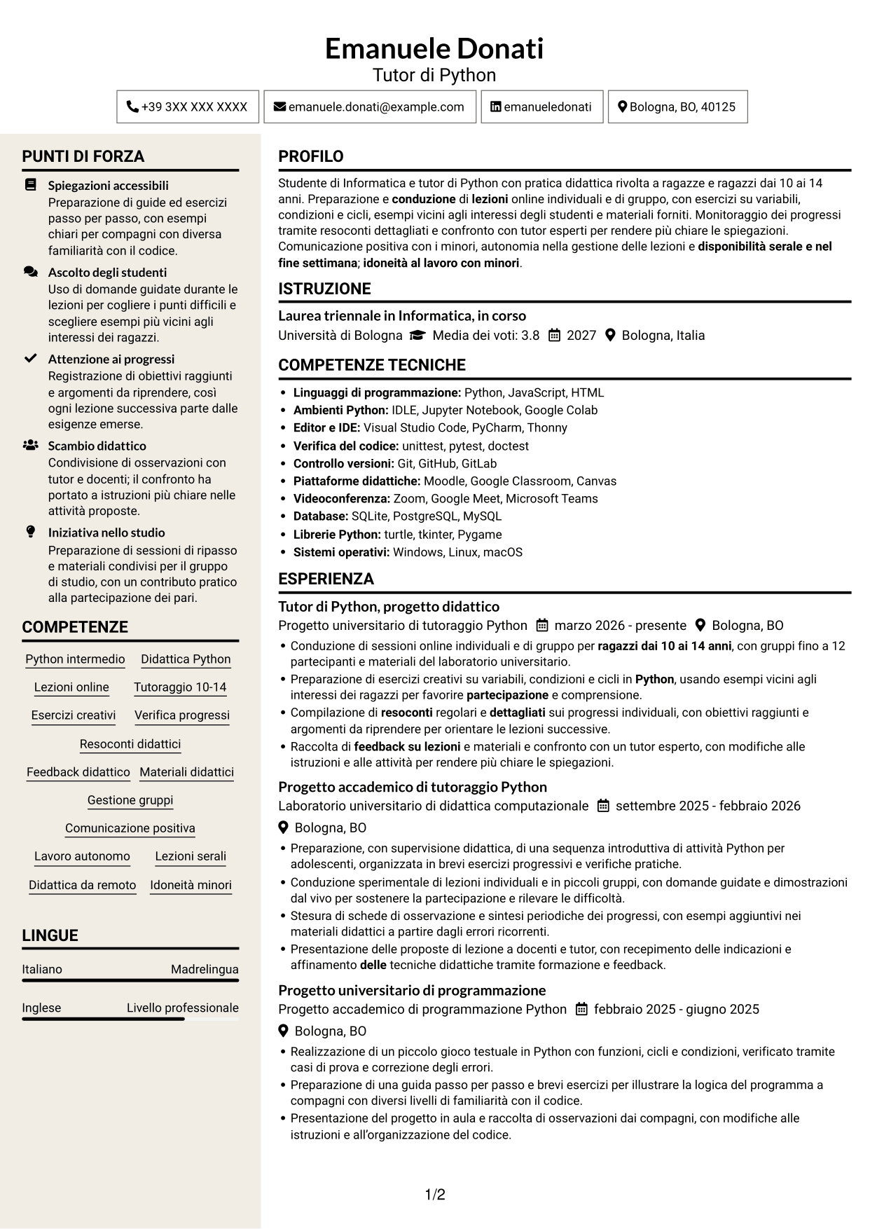 CV Intraprendente (formato a due colonne con intestazione centrata senza foto): Tutor di Python - Didattica online per ragazzi, pagina 1