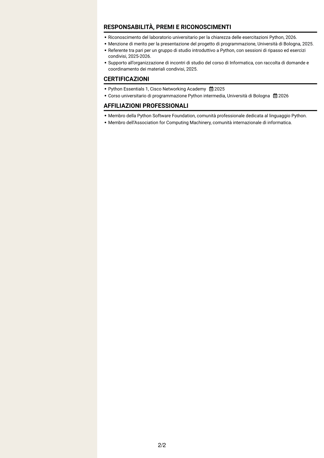 CV Intraprendente (formato a due colonne con intestazione centrata senza foto): Tutor di Python - Didattica online per ragazzi, pagina 2