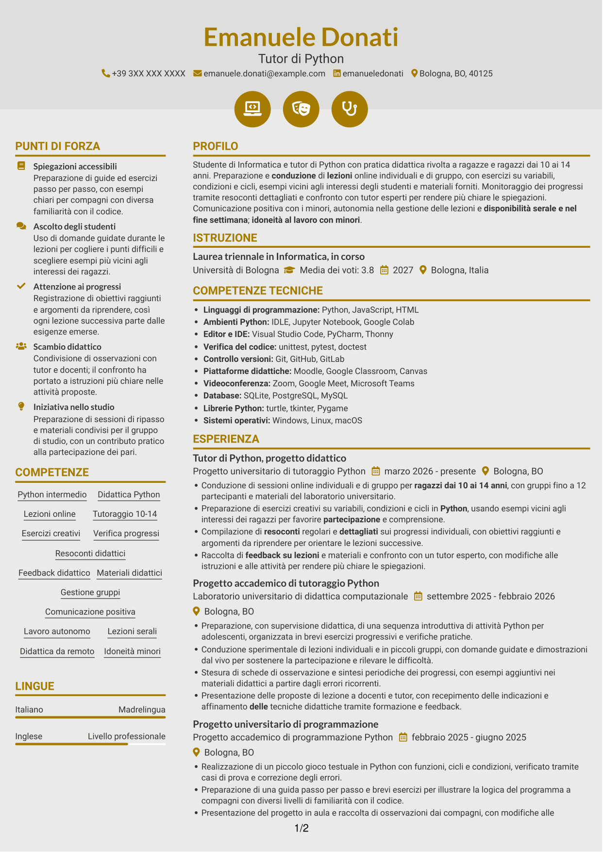 CV Dinamico (formato a due colonne con icone): Tutor di Python - Didattica online per ragazzi, pagina 1