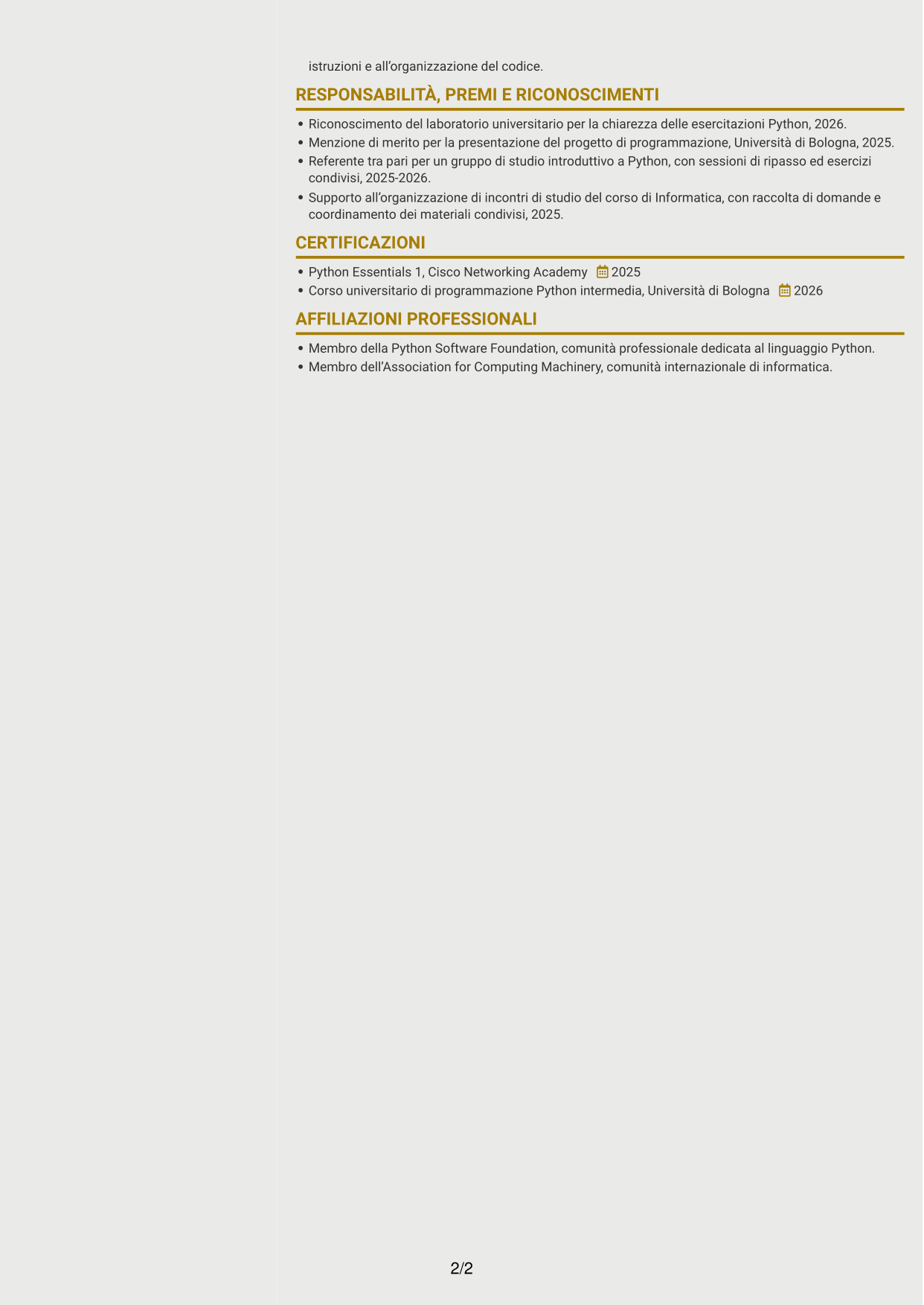 CV Dinamico (formato a due colonne con icone): Tutor di Python - Didattica online per ragazzi, pagina 2
