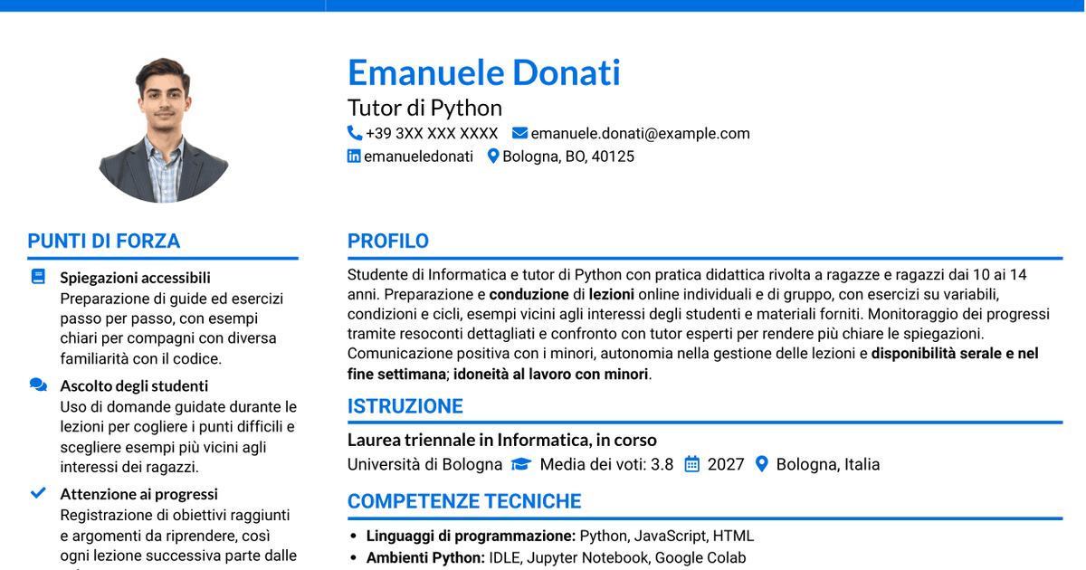7 modelli di CV per Tutor di Python - Didattica online per ragazzi, con esempi