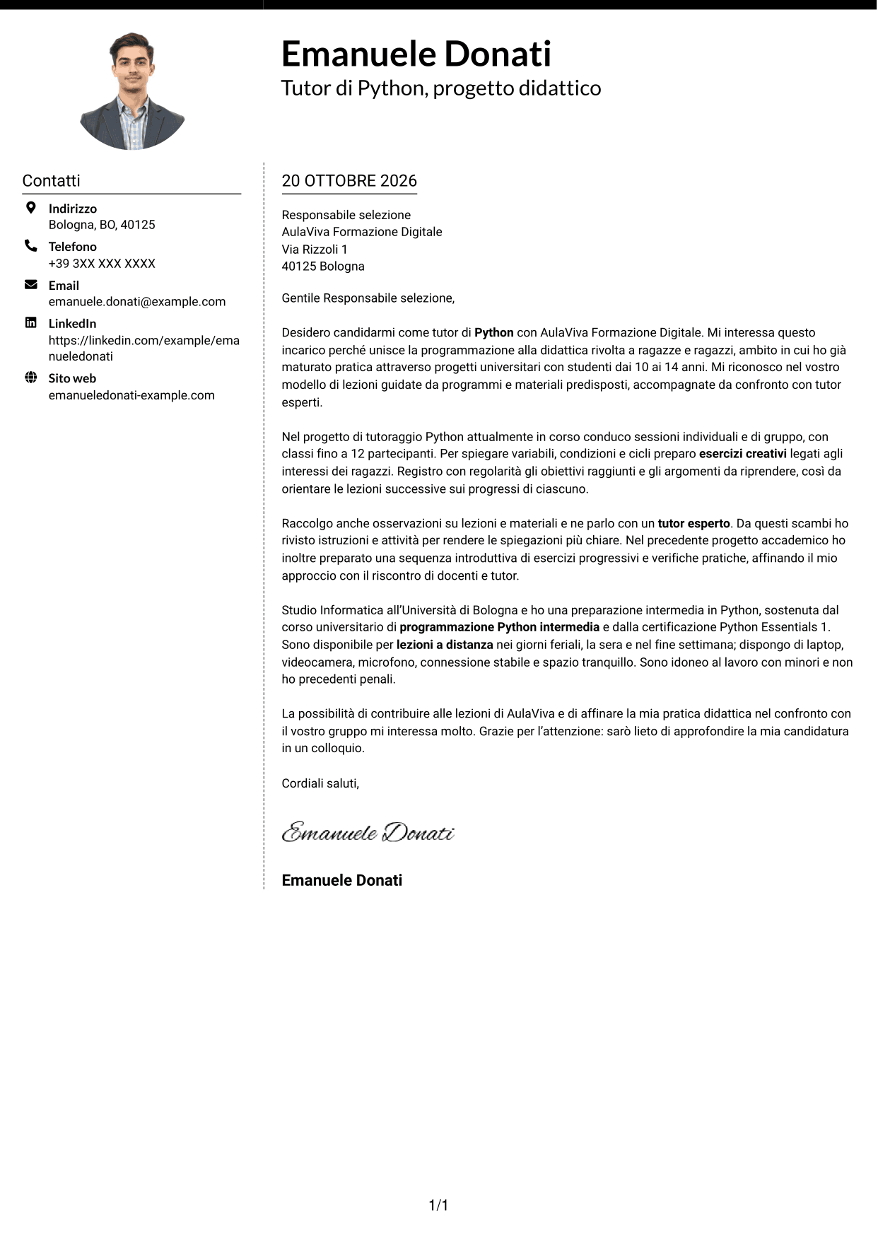Lettera di presentazione Moderno (formato a due colonne con foto a sinistra e separatore): Tutor di Python - Didattica online per ragazzi, pagina 1