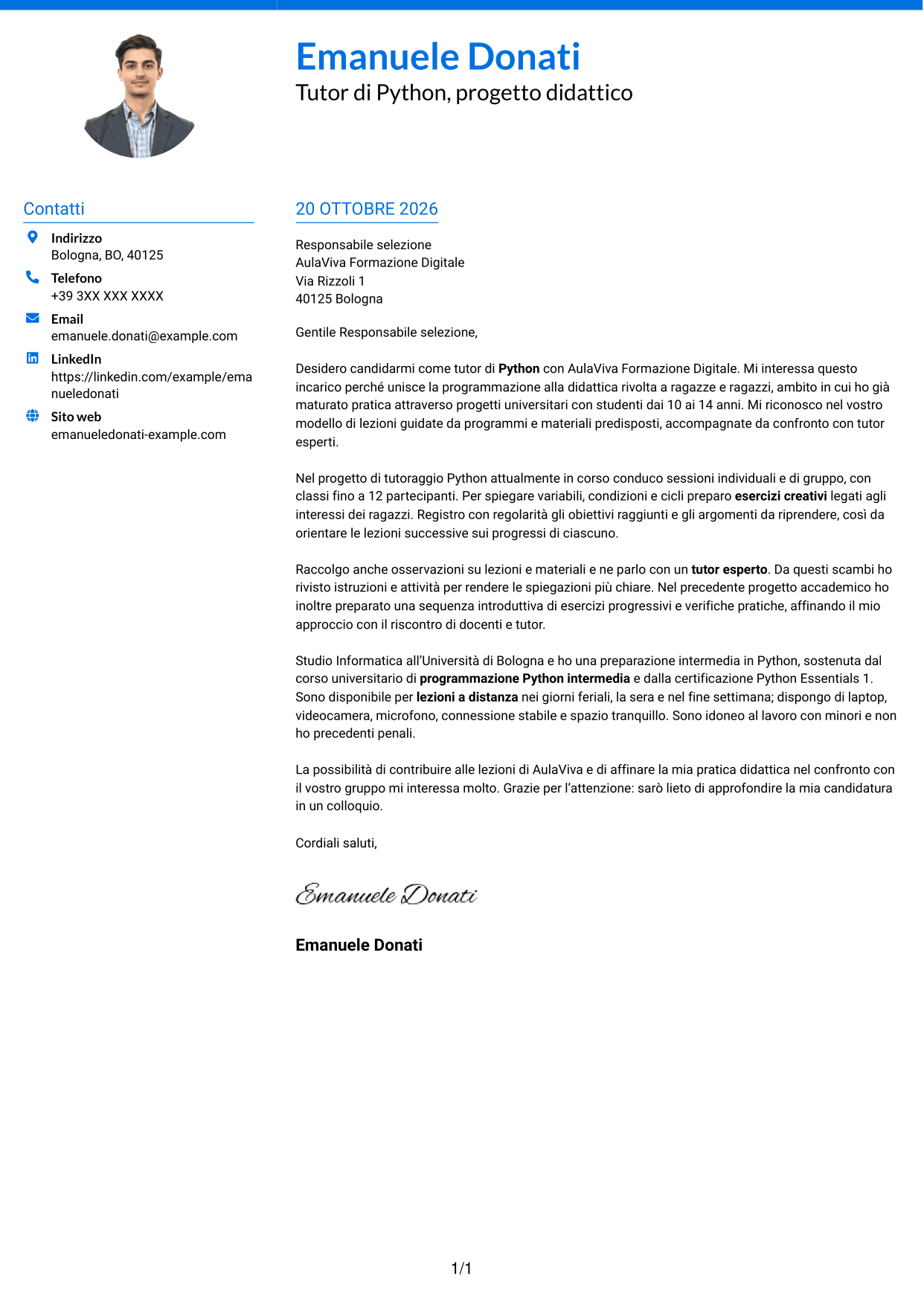 Lettera di presentazione Audace (formato a due colonne con accenti colorati e foto): Tutor di Python - Didattica online per ragazzi, pagina 1