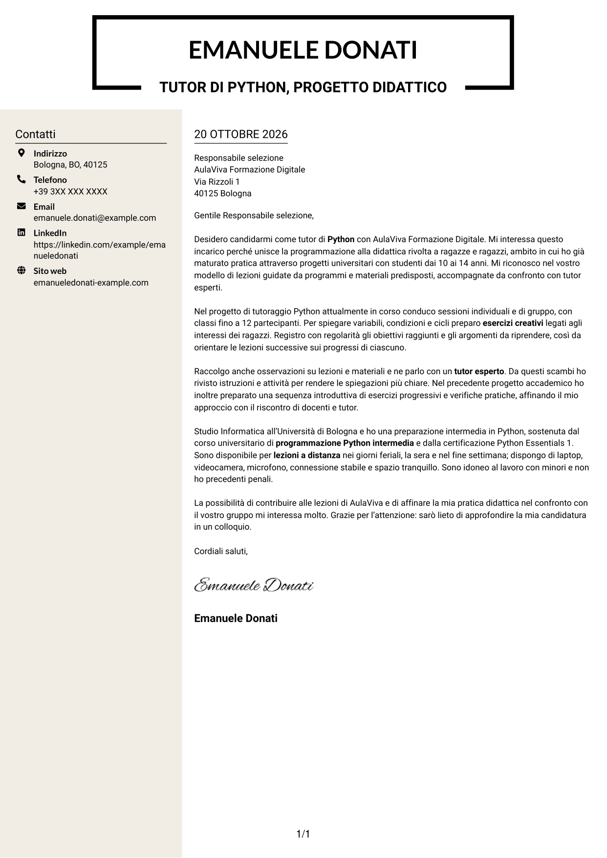 Lettera di presentazione Intraprendente (formato a due colonne con intestazione centrata senza foto): Tutor di Python - Didattica online per ragazzi, pagina 1
