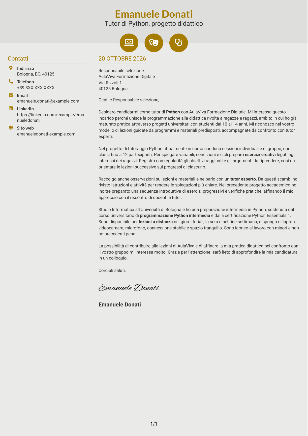 Lettera di presentazione Dinamico (formato a due colonne con icone): Tutor di Python - Didattica online per ragazzi, pagina 1