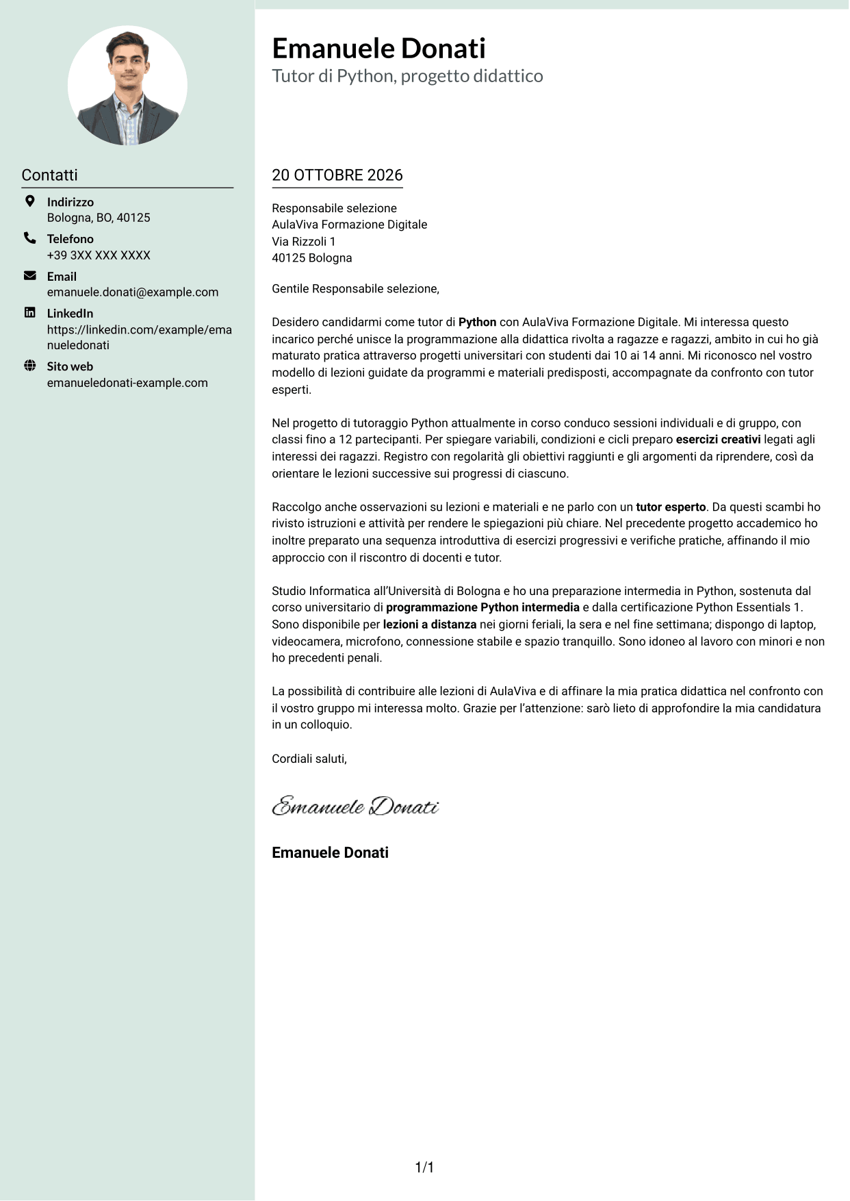 Lettera di presentazione Dirigente (formato con colonna laterale tenue e foto arrotondata): Tutor di Python - Didattica online per ragazzi, pagina 1