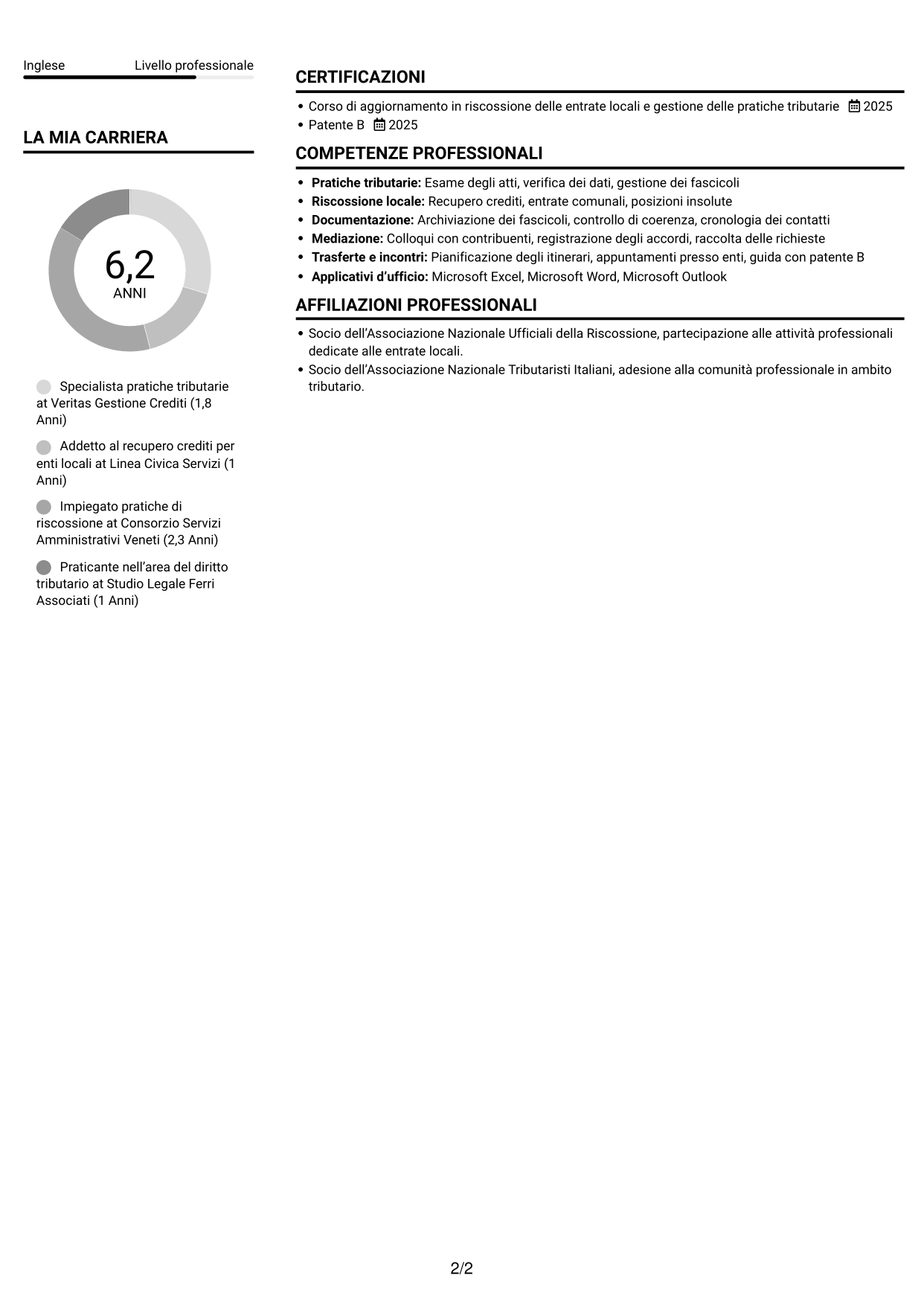 CV Compatto (formato sobrio a due colonne con foto): Ufficiale della Riscossione - Recupero del Credito Tributario, pagina 2