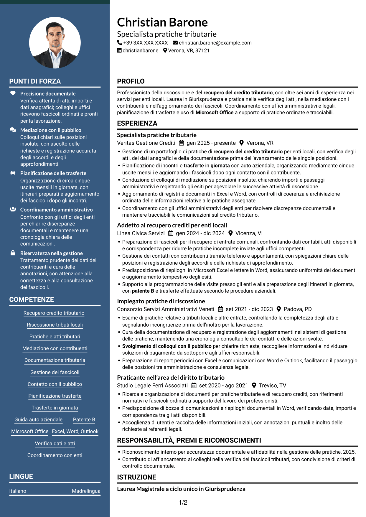 CV Elegante (formato con colonna laterale colorata e foto): Ufficiale della Riscossione - Recupero del Credito Tributario, pagina 1