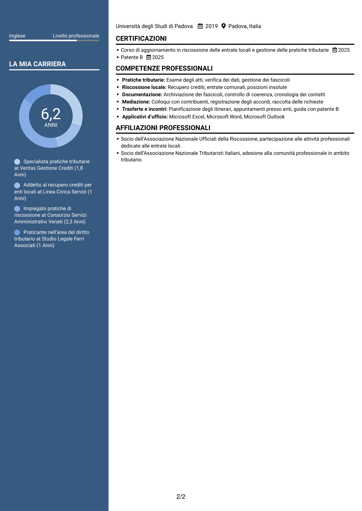 CV Elegante (formato con colonna laterale colorata e foto): Ufficiale della Riscossione - Recupero del Credito Tributario, pagina 2