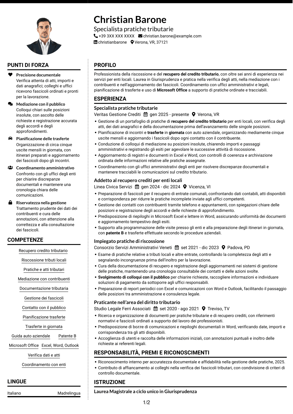 CV Moderno (formato a due colonne con foto a sinistra e separatore): Ufficiale della Riscossione - Recupero del Credito Tributario, pagina 1