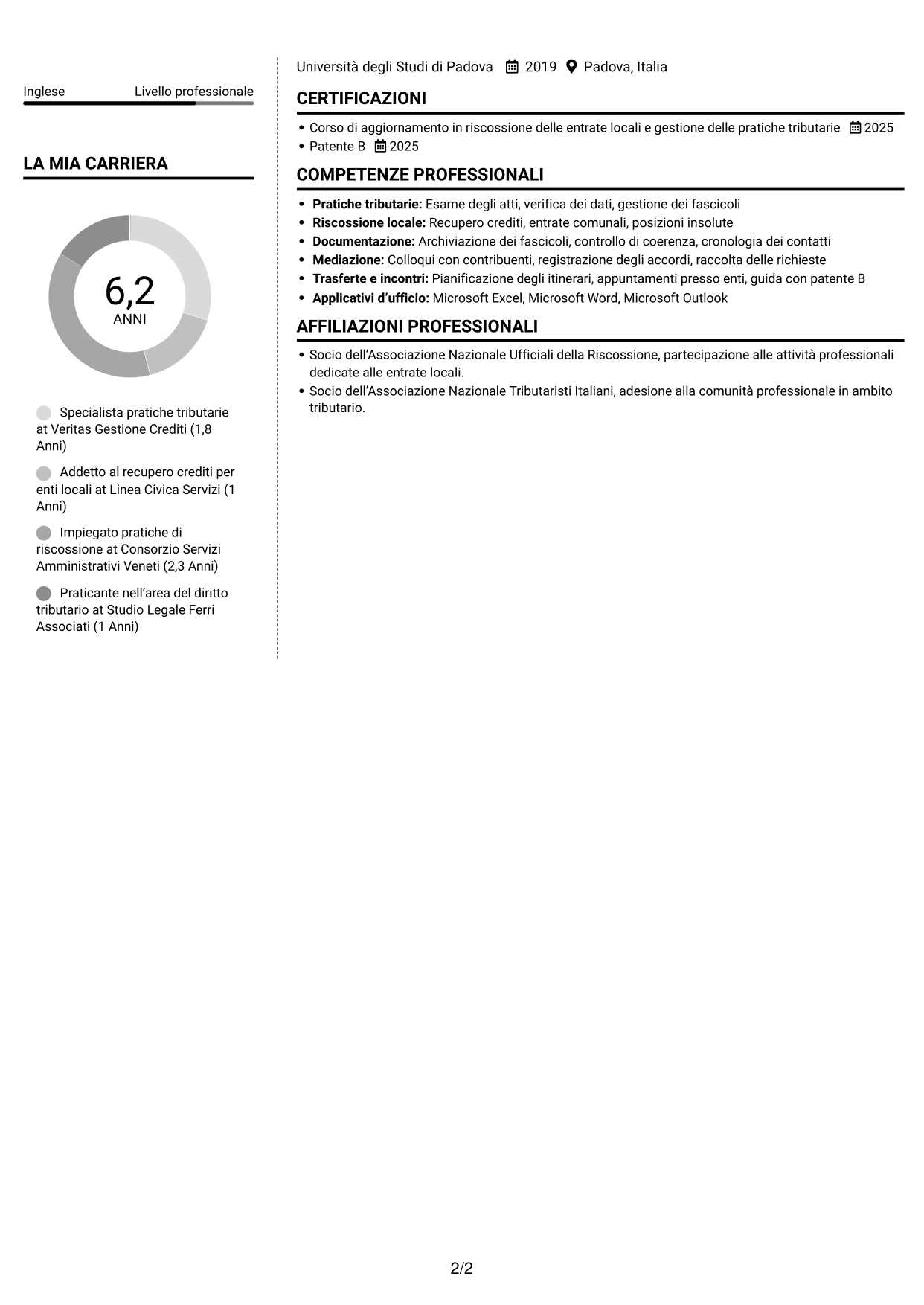 CV Moderno (formato a due colonne con foto a sinistra e separatore): Ufficiale della Riscossione - Recupero del Credito Tributario, pagina 2