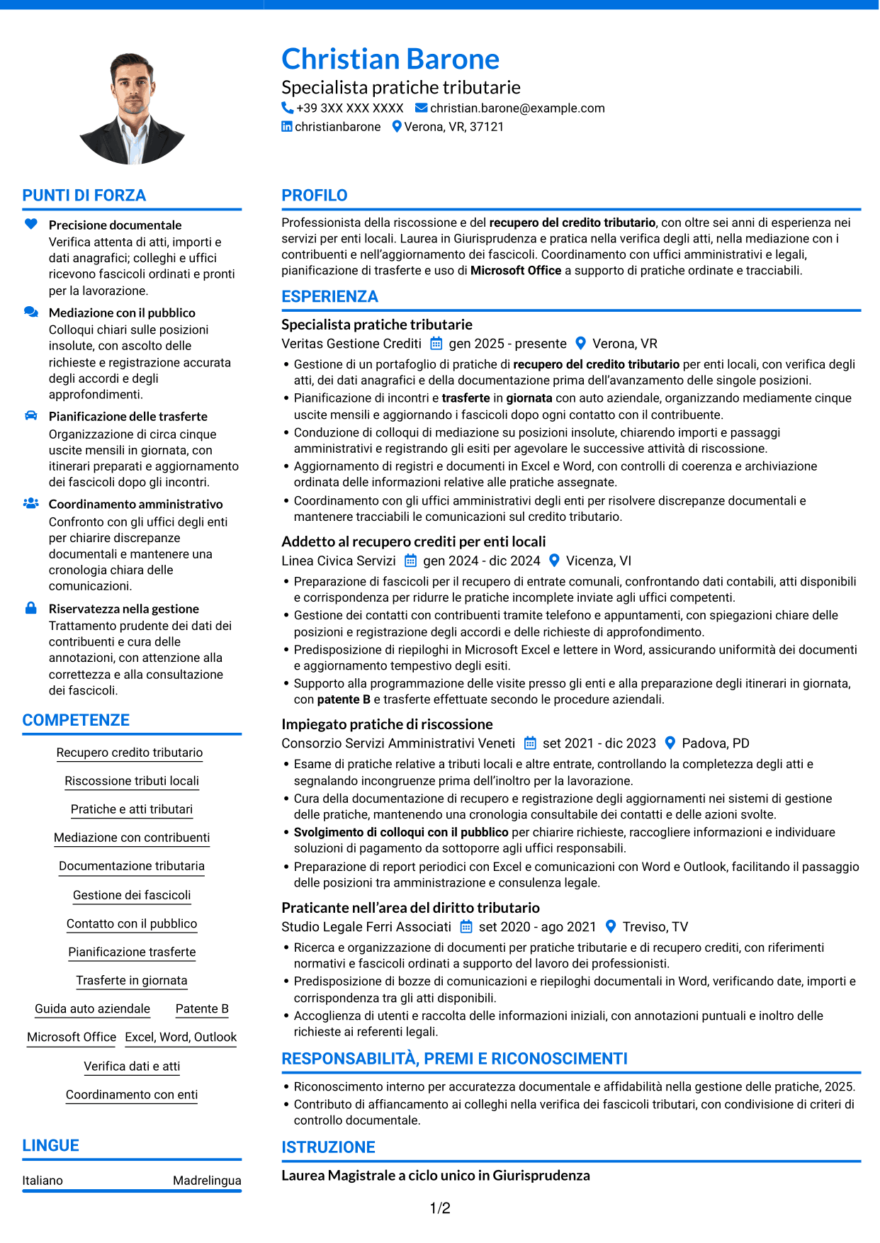 CV Audace (formato a due colonne con accenti colorati e foto): Ufficiale della Riscossione - Recupero del Credito Tributario, pagina 1