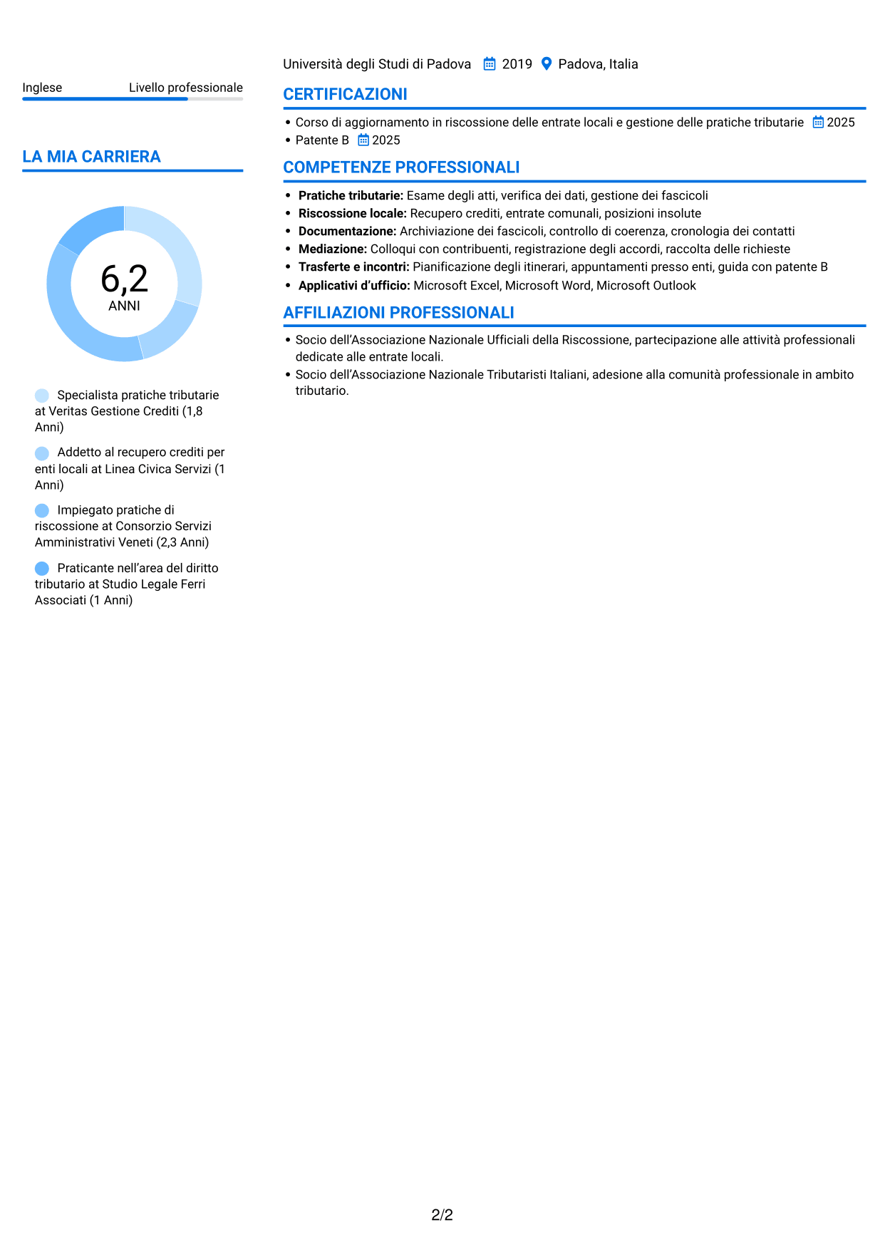 CV Audace (formato a due colonne con accenti colorati e foto): Ufficiale della Riscossione - Recupero del Credito Tributario, pagina 2