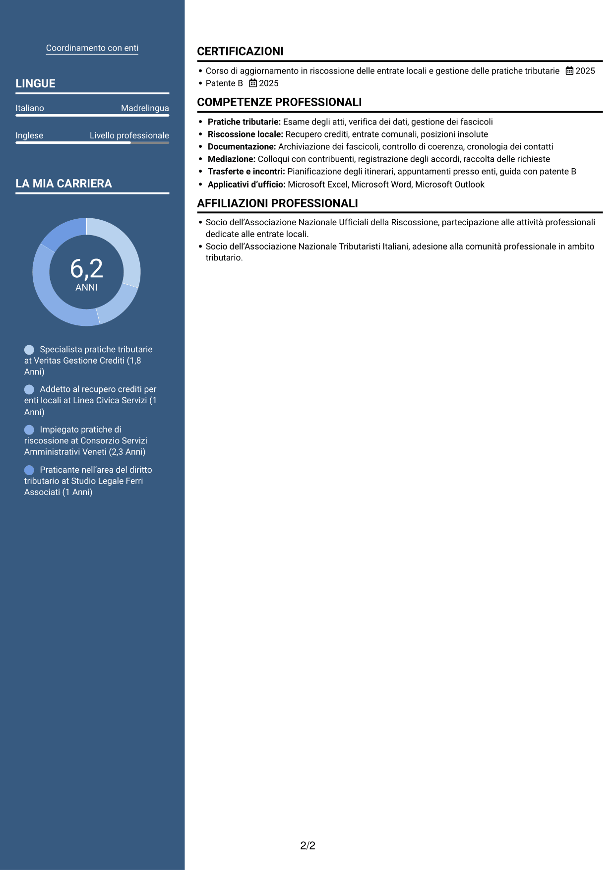 CV Signature (formato con colonna laterale colorata e foto grande): Ufficiale della Riscossione - Recupero del Credito Tributario, pagina 2