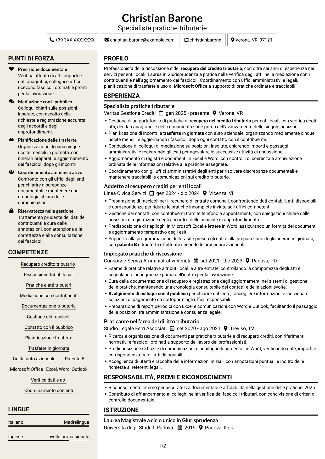 CV Intraprendente (formato a due colonne con intestazione centrata senza foto): Ufficiale della Riscossione - Recupero del Credito Tributario, pagina 1