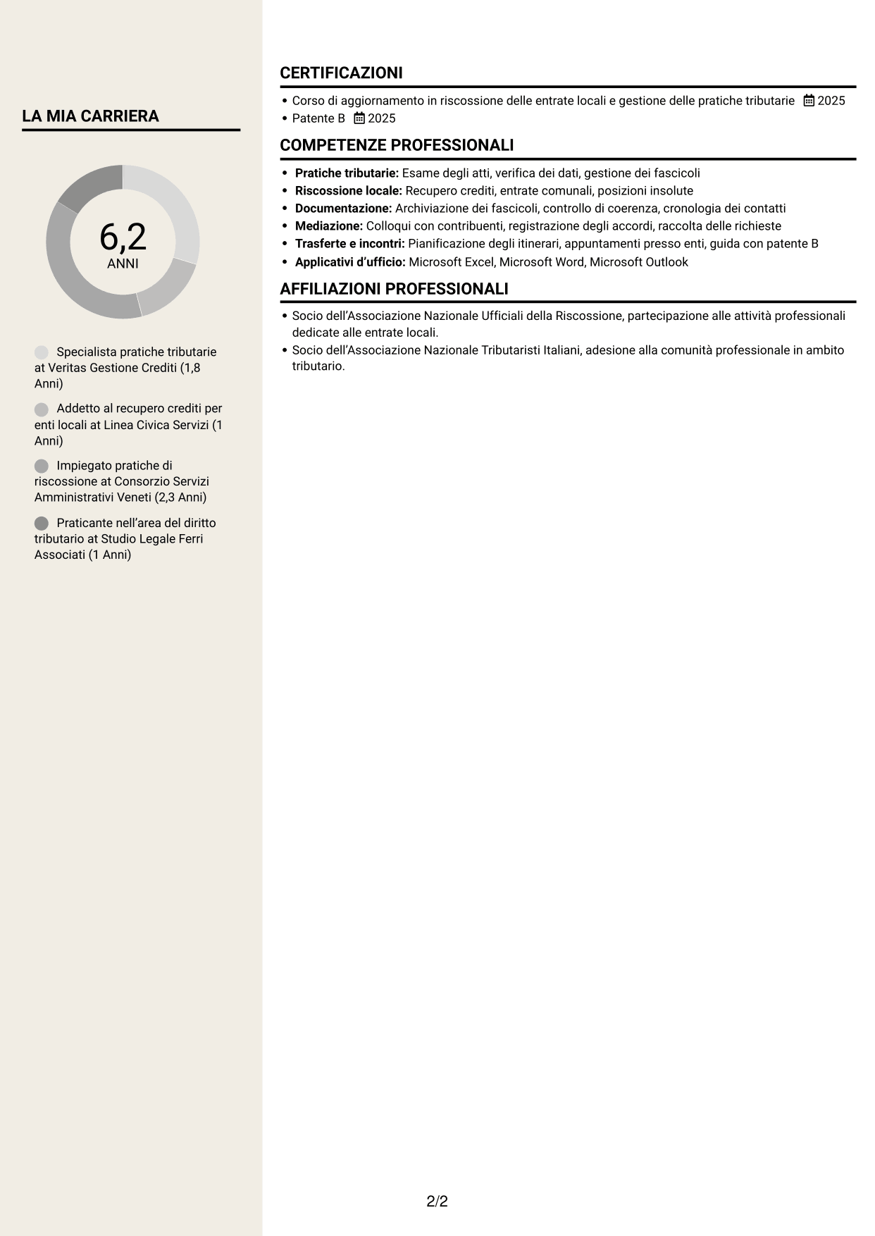CV Intraprendente (formato a due colonne con intestazione centrata senza foto): Ufficiale della Riscossione - Recupero del Credito Tributario, pagina 2