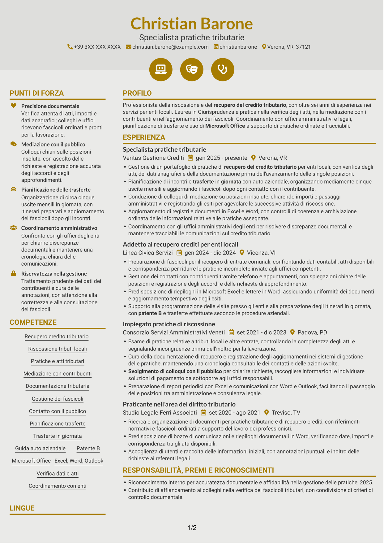 CV Dinamico (formato a due colonne con icone): Ufficiale della Riscossione - Recupero del Credito Tributario, pagina 1
