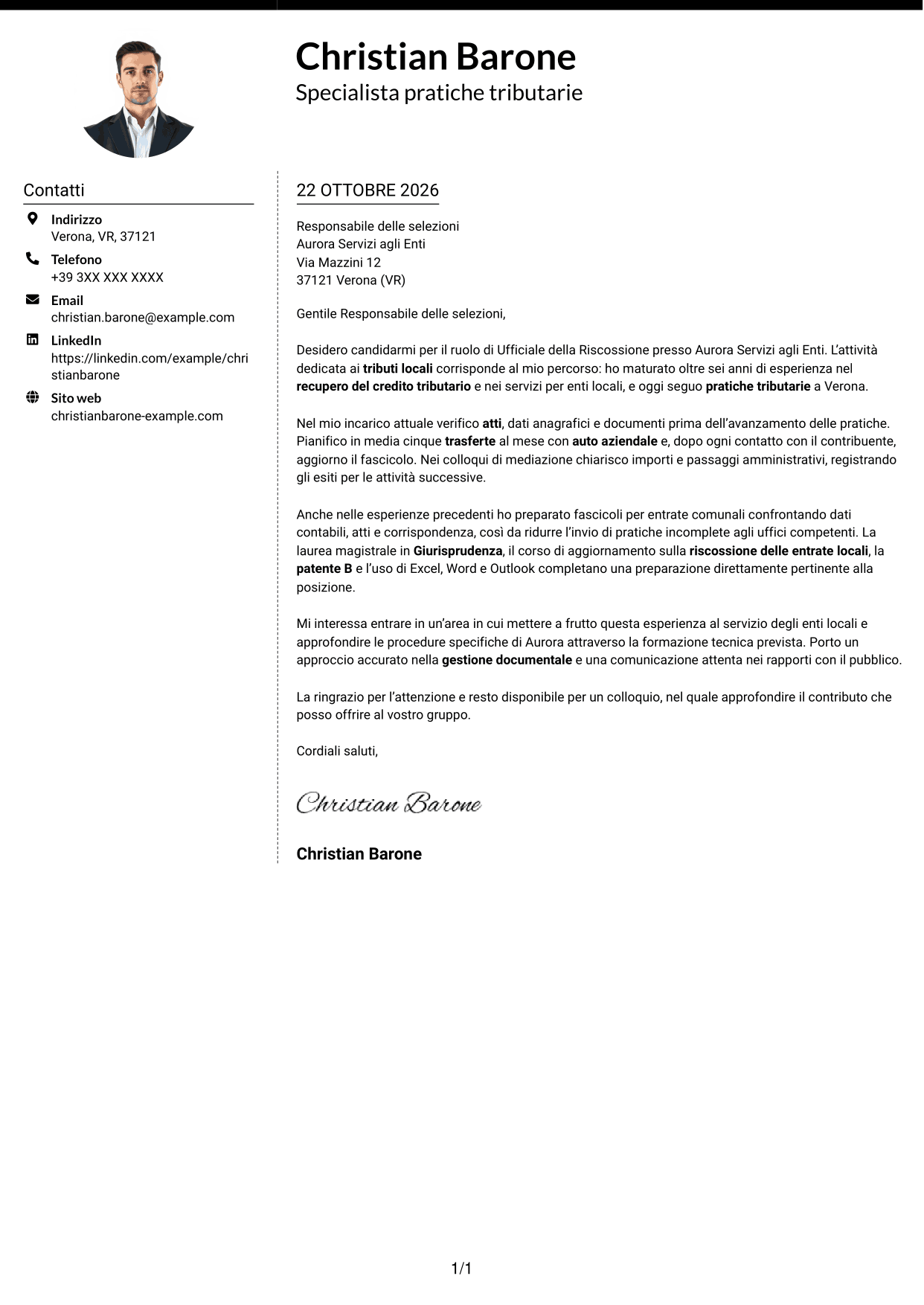 Lettera di presentazione Moderno (formato a due colonne con foto a sinistra e separatore): Ufficiale della Riscossione - Recupero del Credito Tributario, pagina 1