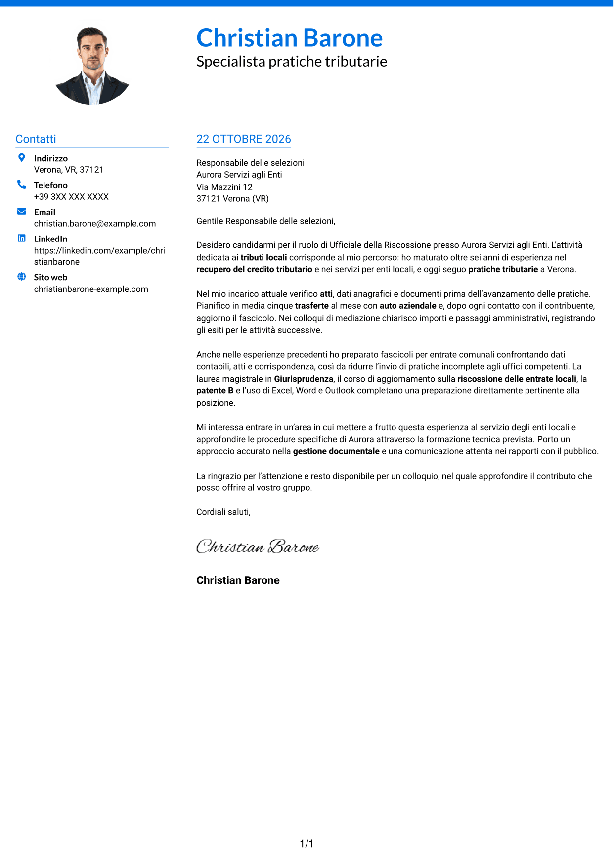 Lettera di presentazione Audace (formato a due colonne con accenti colorati e foto): Ufficiale della Riscossione - Recupero del Credito Tributario, pagina 1
