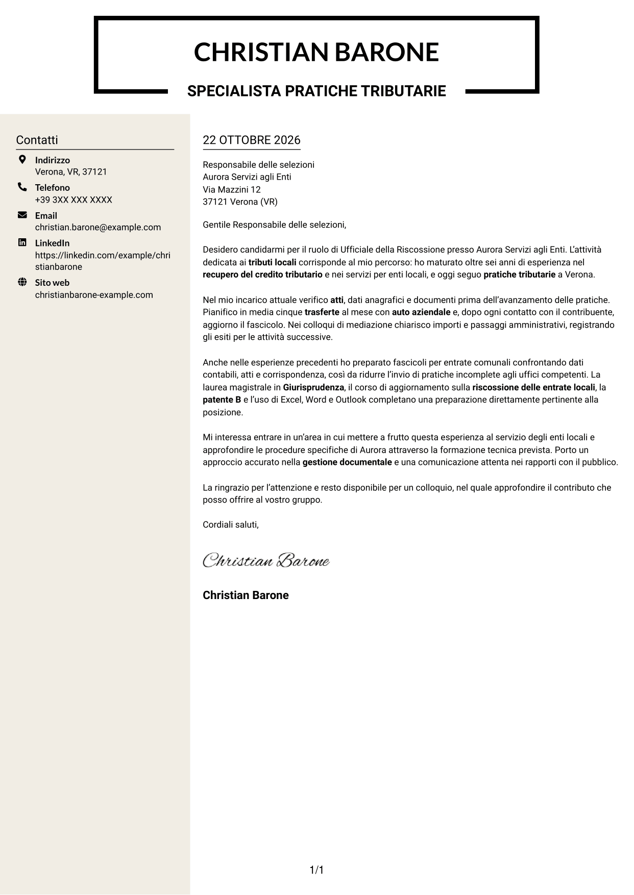 Lettera di presentazione Intraprendente (formato a due colonne con intestazione centrata senza foto): Ufficiale della Riscossione - Recupero del Credito Tributario, pagina 1