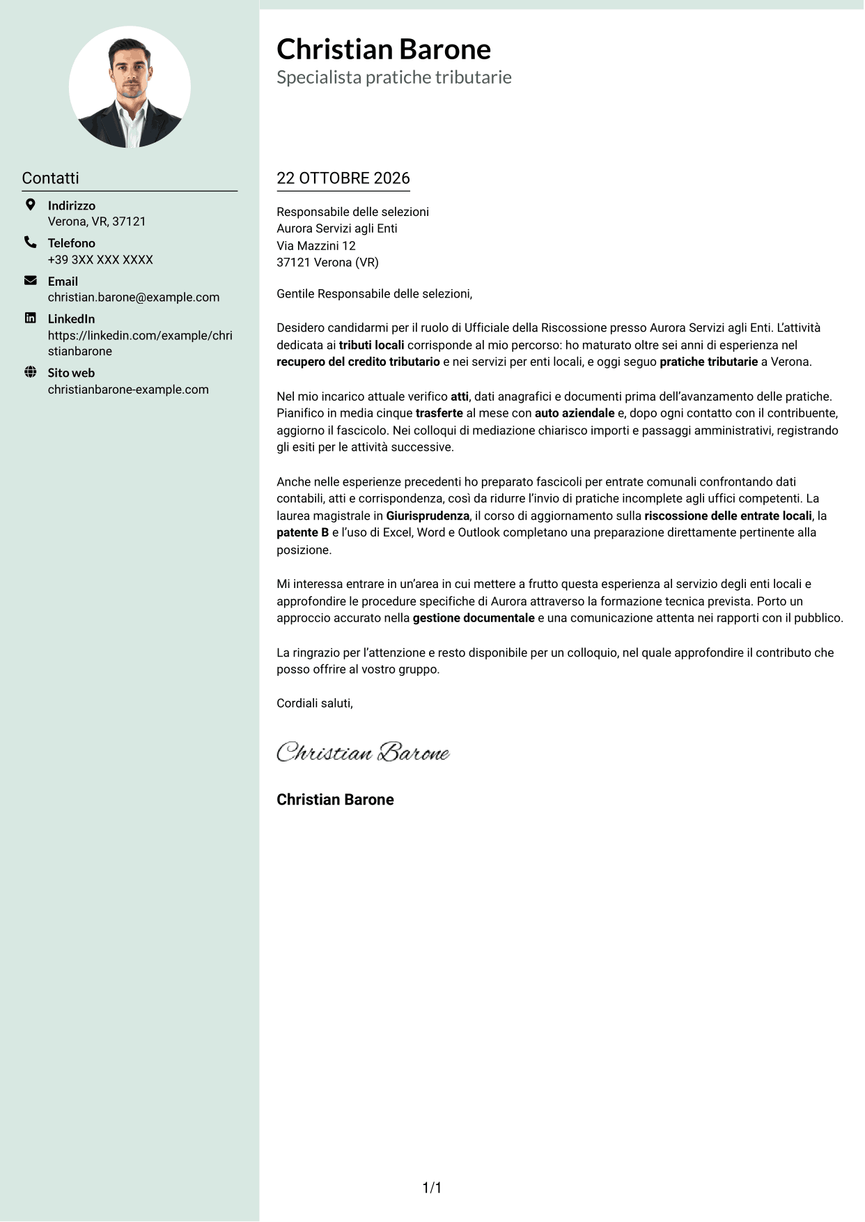 Lettera di presentazione Dirigente (formato con colonna laterale tenue e foto arrotondata): Ufficiale della Riscossione - Recupero del Credito Tributario, pagina 1