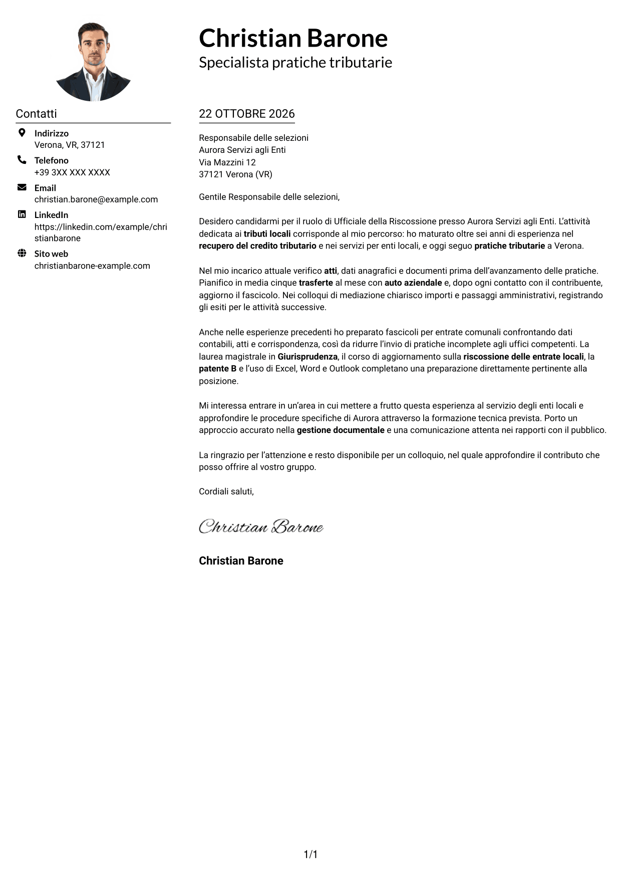 Esempio di lettera di presentazione — pagina 1