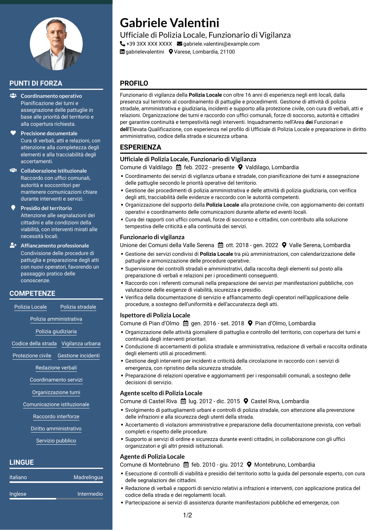 CV Elegante (formato con colonna laterale colorata e foto): Ufficiale di Polizia Locale - Funzionario di Vigilanza, pagina 1