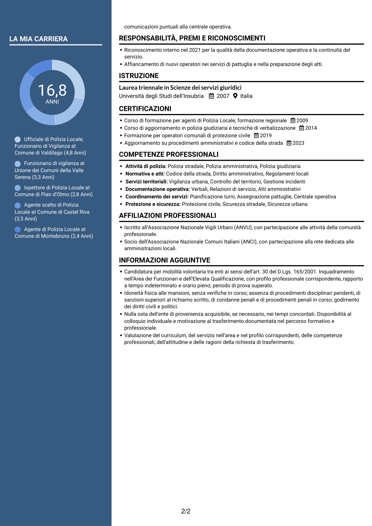 CV Elegante (formato con colonna laterale colorata e foto): Ufficiale di Polizia Locale - Funzionario di Vigilanza, pagina 2