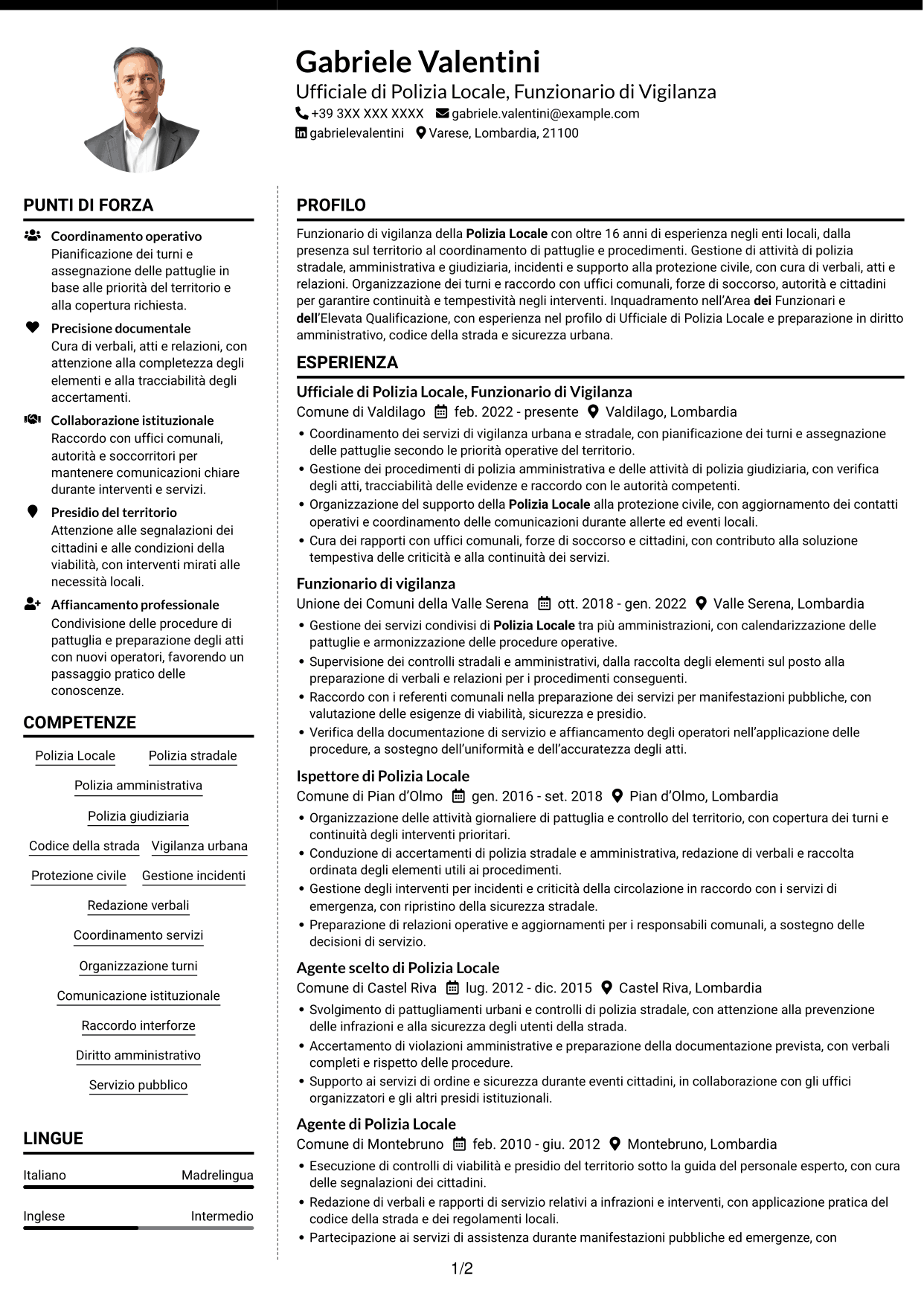 CV Moderno (formato a due colonne con foto a sinistra e separatore): Ufficiale di Polizia Locale - Funzionario di Vigilanza, pagina 1