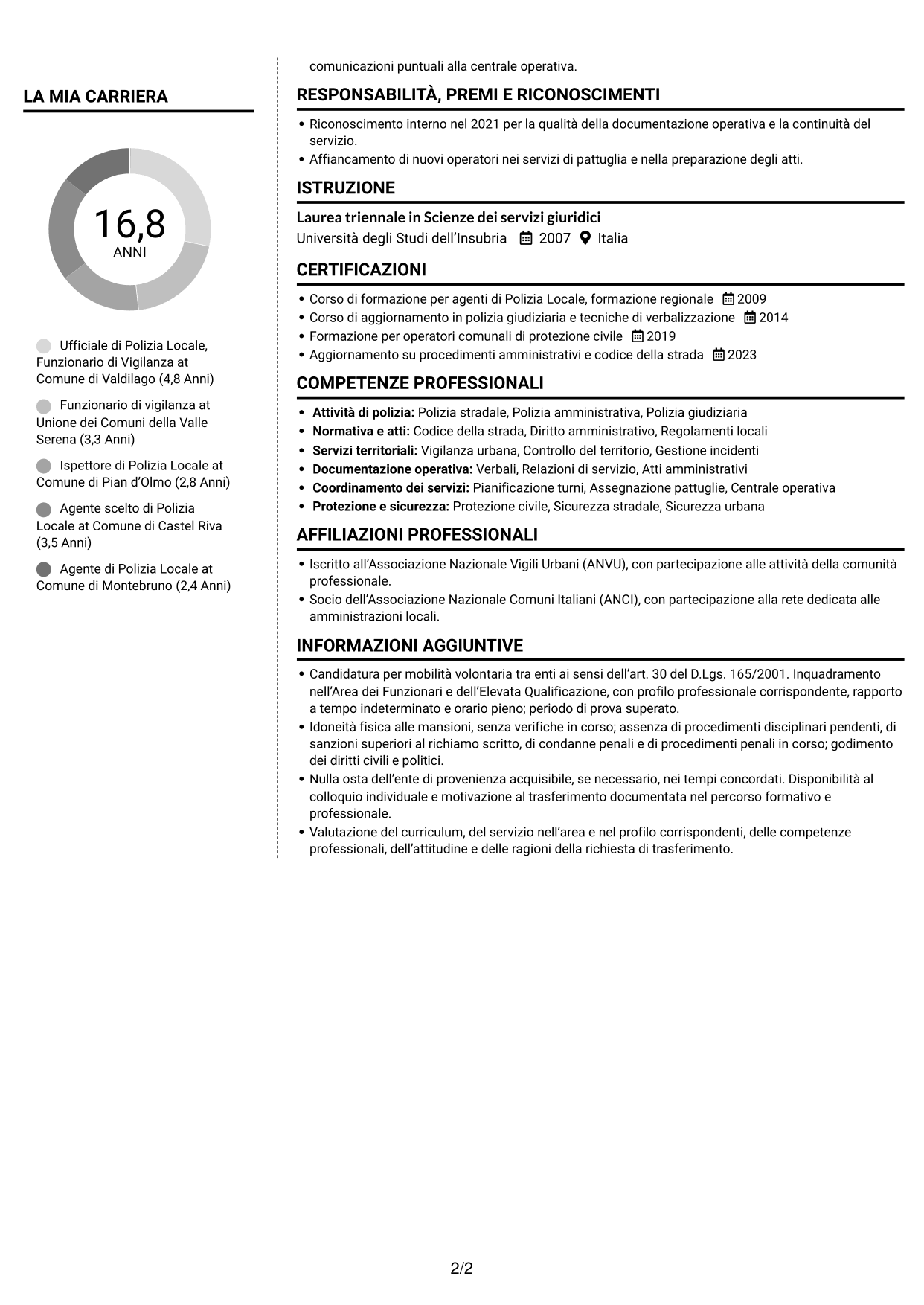 CV Moderno (formato a due colonne con foto a sinistra e separatore): Ufficiale di Polizia Locale - Funzionario di Vigilanza, pagina 2