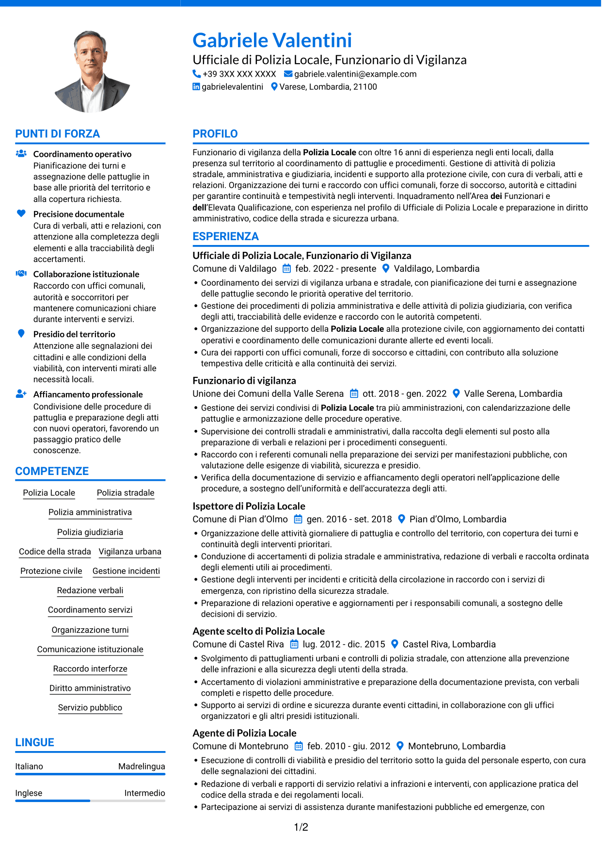 CV Audace (formato a due colonne con accenti colorati e foto): Ufficiale di Polizia Locale - Funzionario di Vigilanza, pagina 1