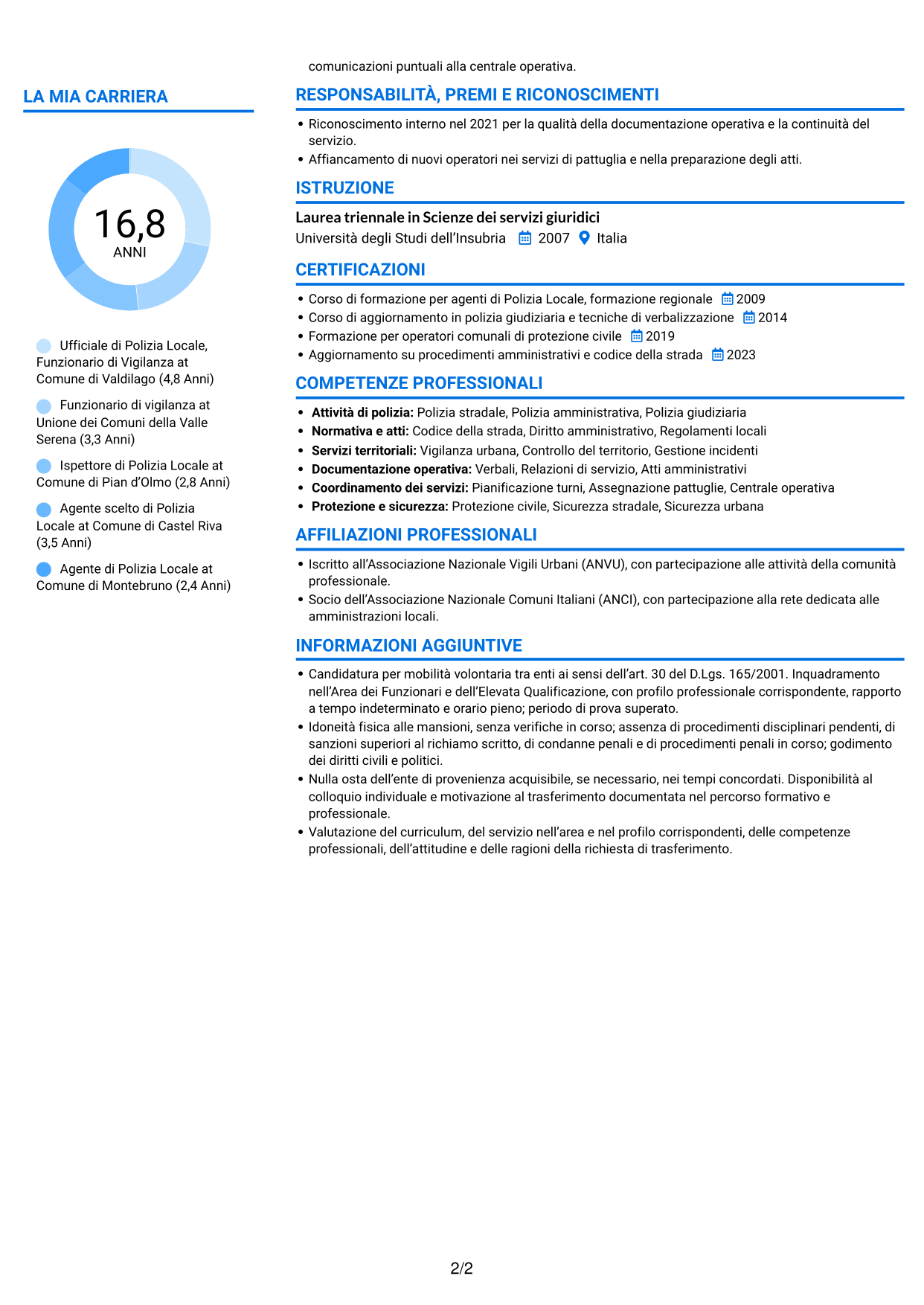 CV Audace (formato a due colonne con accenti colorati e foto): Ufficiale di Polizia Locale - Funzionario di Vigilanza, pagina 2