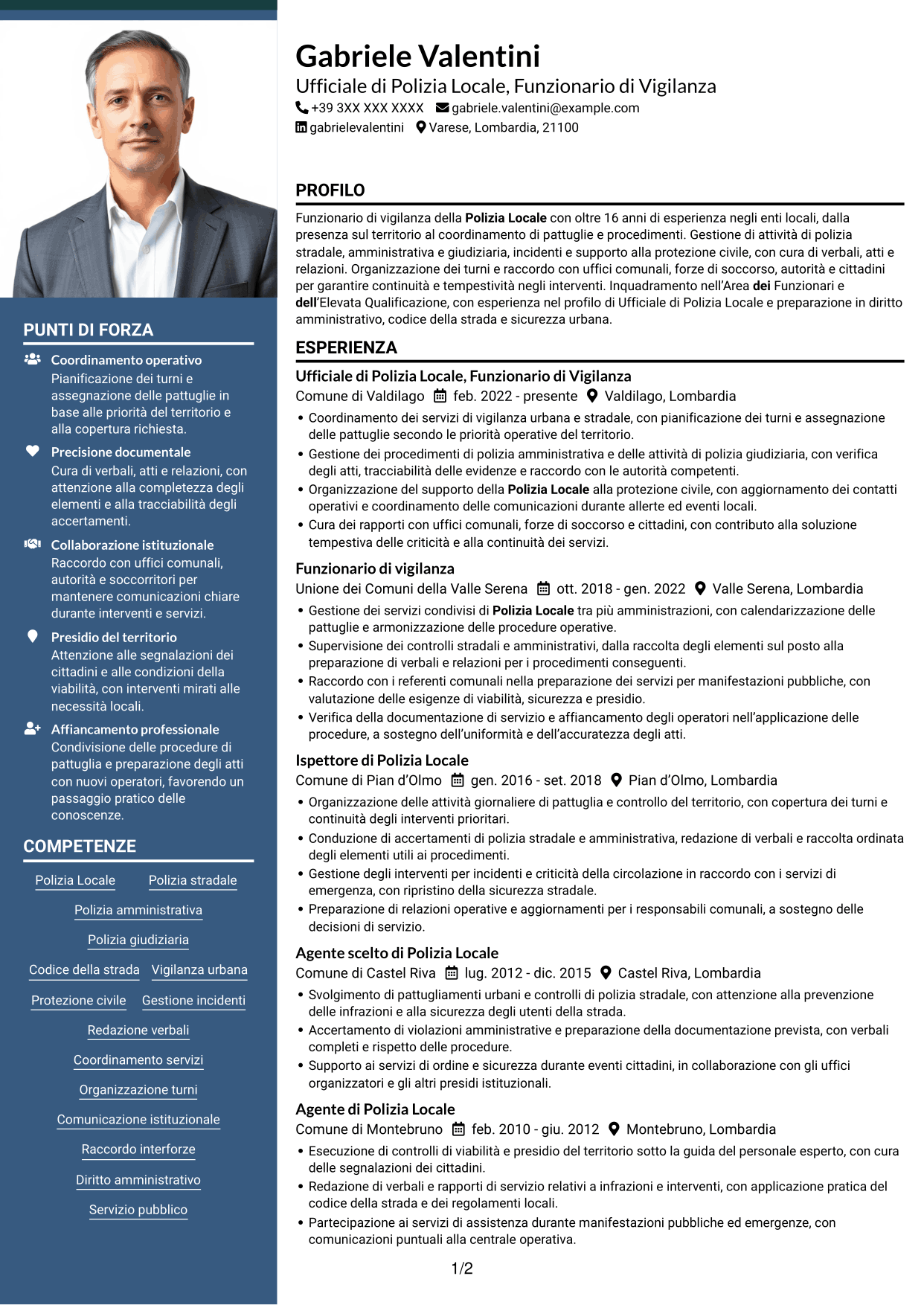 CV Signature (formato con colonna laterale colorata e foto grande): Ufficiale di Polizia Locale - Funzionario di Vigilanza, pagina 1