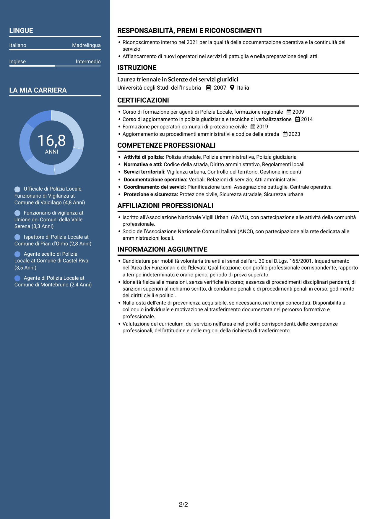 CV Signature (formato con colonna laterale colorata e foto grande): Ufficiale di Polizia Locale - Funzionario di Vigilanza, pagina 2