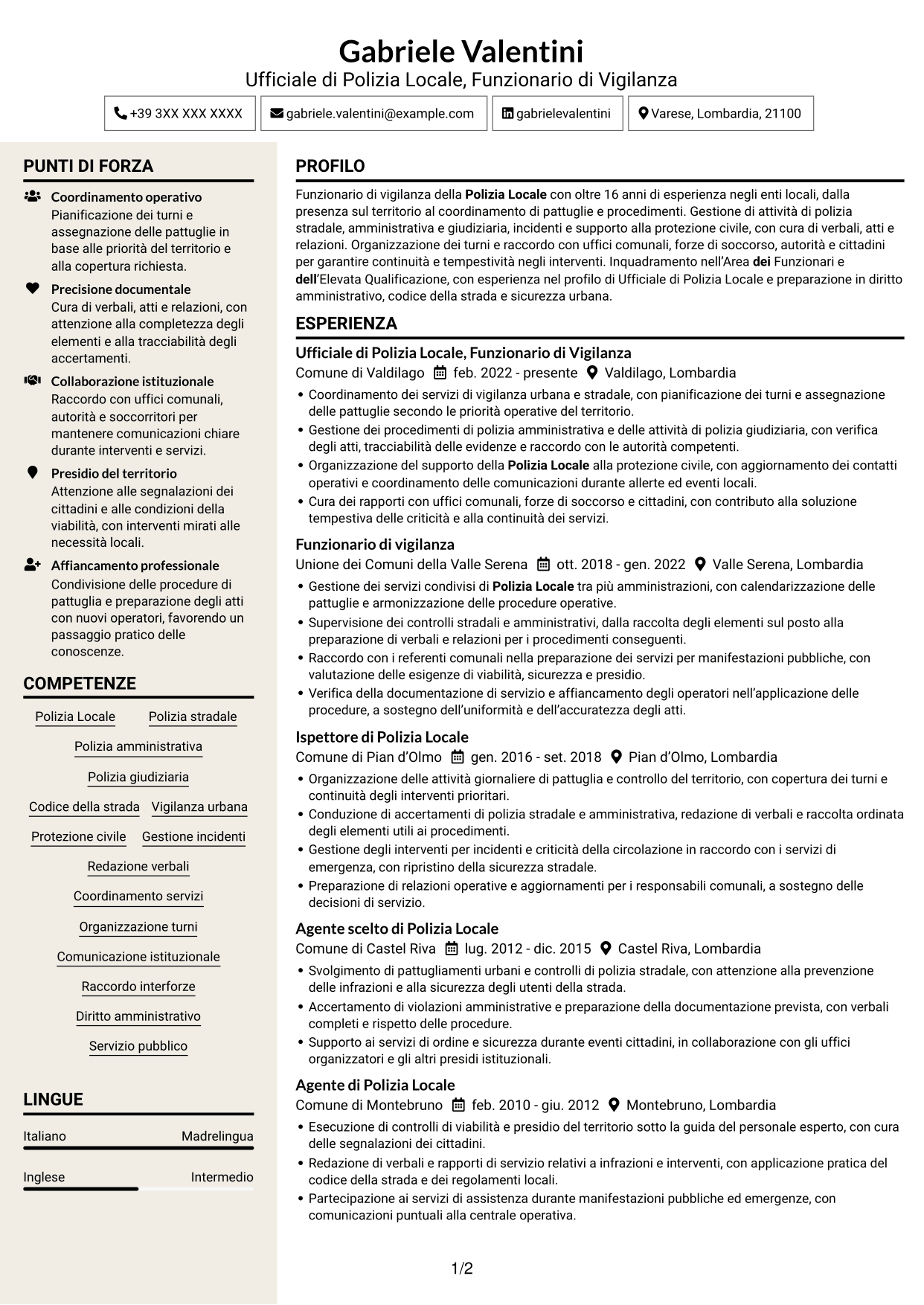 CV Intraprendente (formato a due colonne con intestazione centrata senza foto): Ufficiale di Polizia Locale - Funzionario di Vigilanza, pagina 1