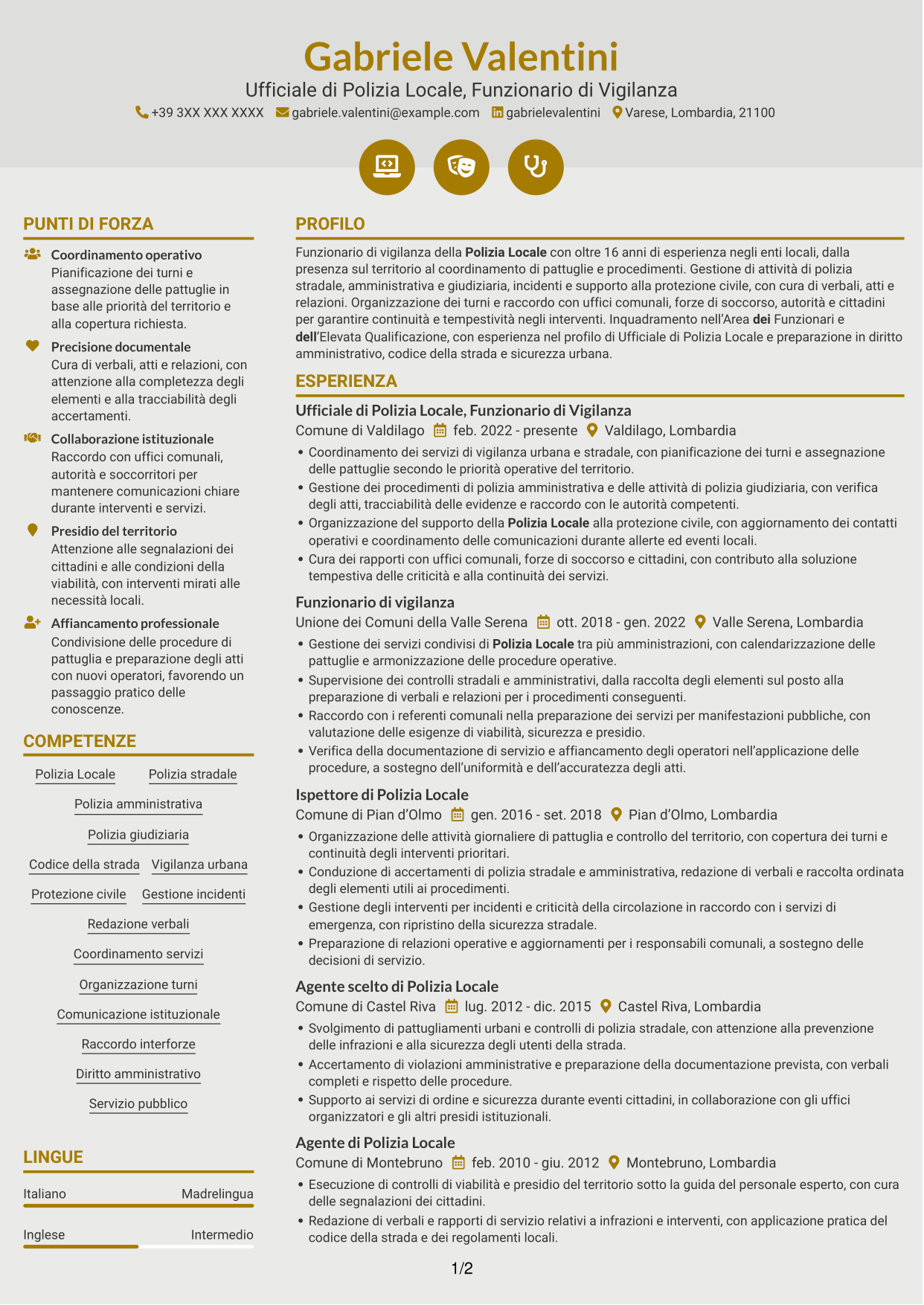 CV Dinamico (formato a due colonne con icone): Ufficiale di Polizia Locale - Funzionario di Vigilanza, pagina 1