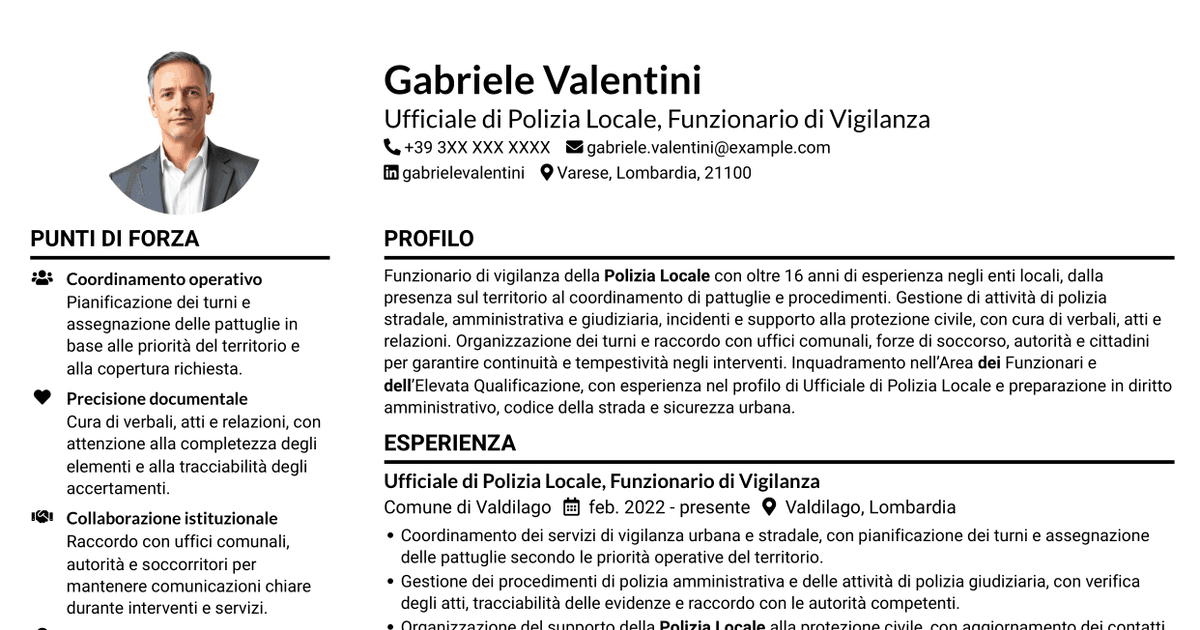 7 modelli di CV per Ufficiale di Polizia Locale - Funzionario di Vigilanza, con esempi