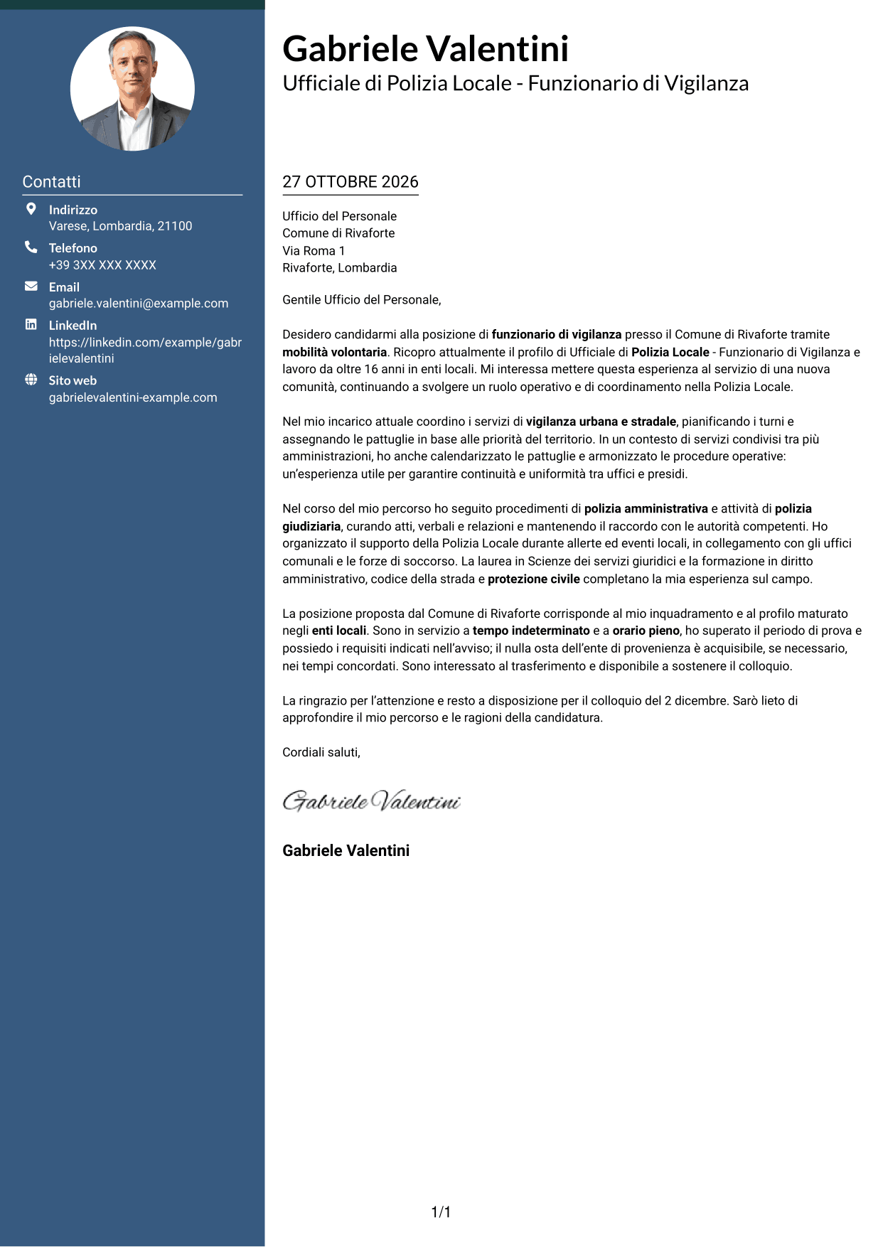 Lettera di presentazione Elegante (formato con colonna laterale colorata e foto): Ufficiale di Polizia Locale - Funzionario di Vigilanza, pagina 1