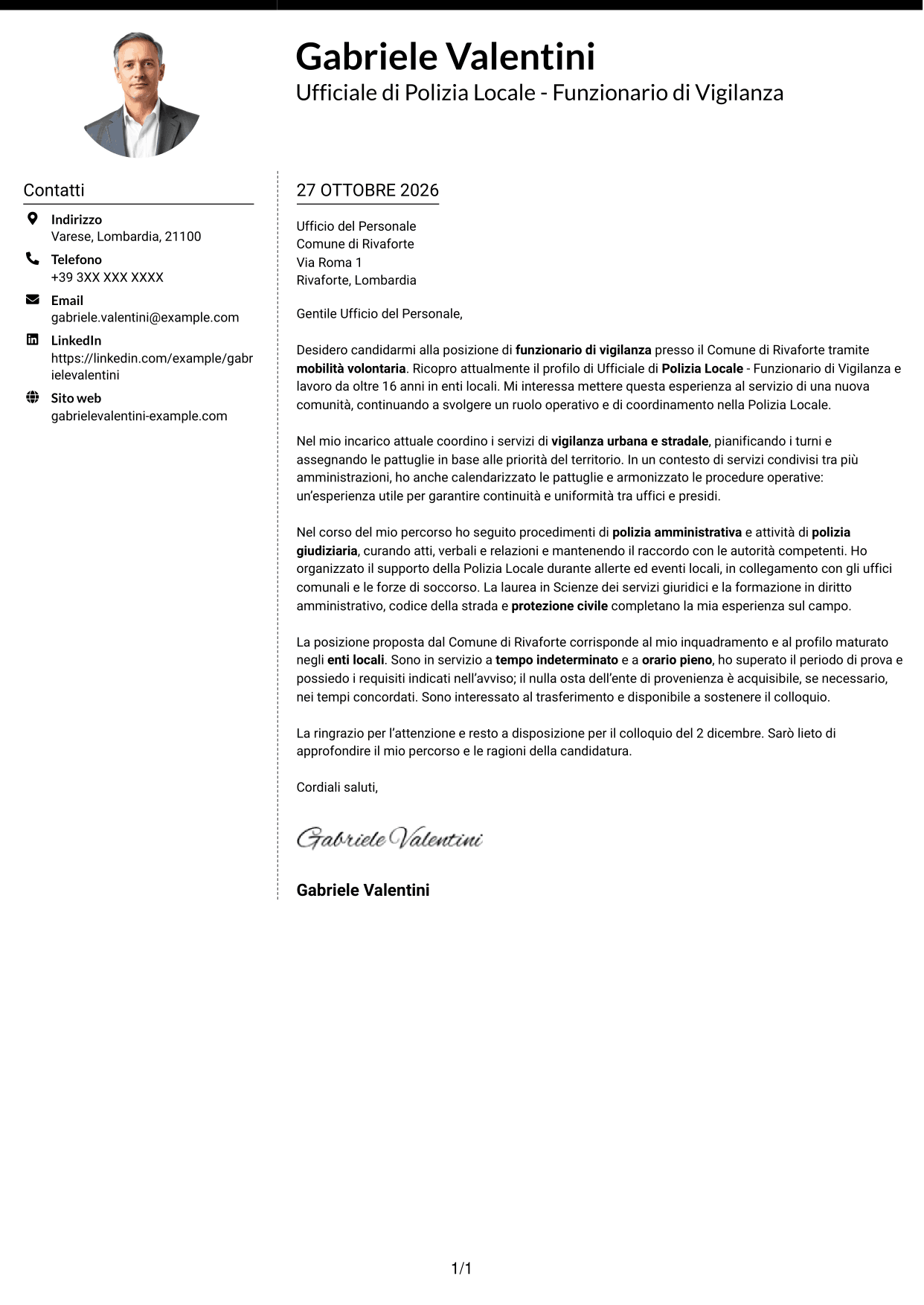 Lettera di presentazione Moderno (formato a due colonne con foto a sinistra e separatore): Ufficiale di Polizia Locale - Funzionario di Vigilanza, pagina 1