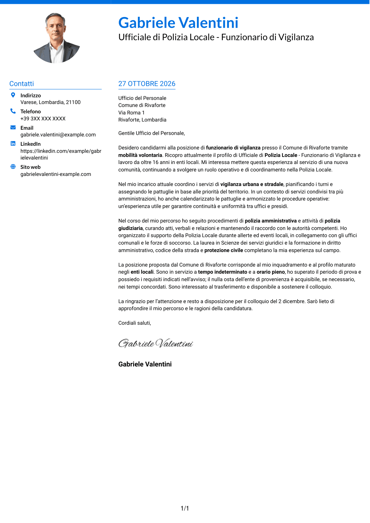 Lettera di presentazione Audace (formato a due colonne con accenti colorati e foto): Ufficiale di Polizia Locale - Funzionario di Vigilanza, pagina 1