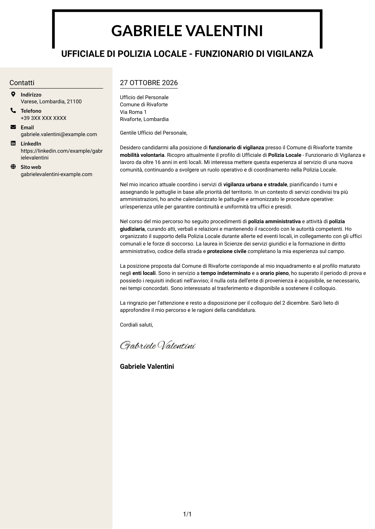 Lettera di presentazione Intraprendente (formato a due colonne con intestazione centrata senza foto): Ufficiale di Polizia Locale - Funzionario di Vigilanza, pagina 1