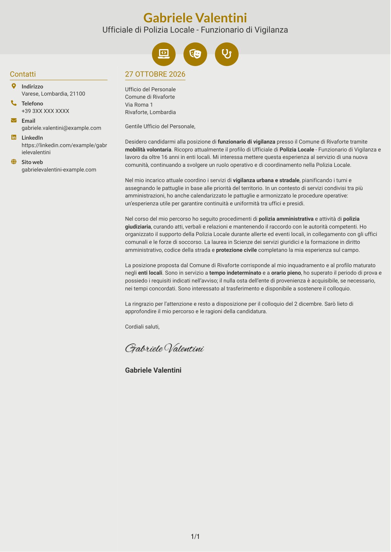 Lettera di presentazione Dinamico (formato a due colonne con icone): Ufficiale di Polizia Locale - Funzionario di Vigilanza, pagina 1