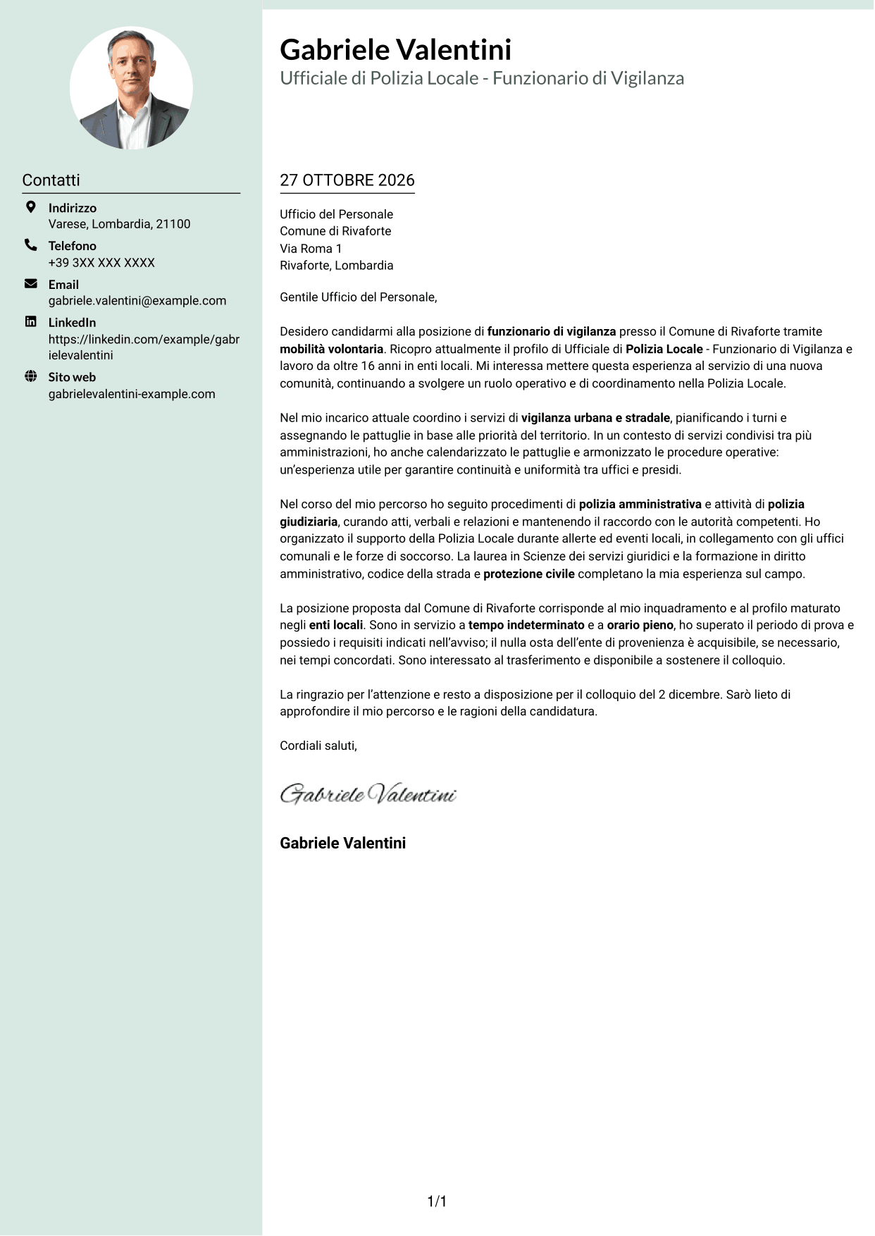 Lettera di presentazione Dirigente (formato con colonna laterale tenue e foto arrotondata): Ufficiale di Polizia Locale - Funzionario di Vigilanza, pagina 1