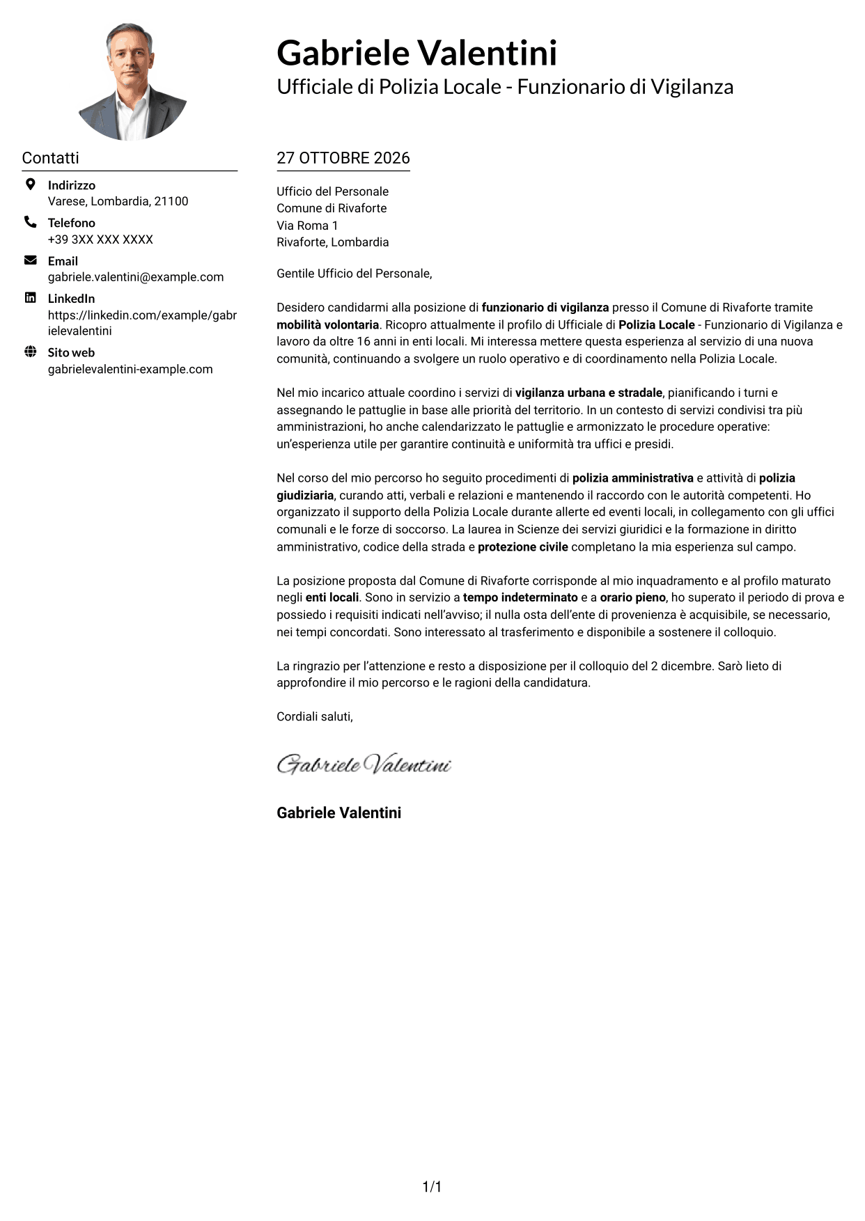 Esempio di lettera di presentazione — pagina 1