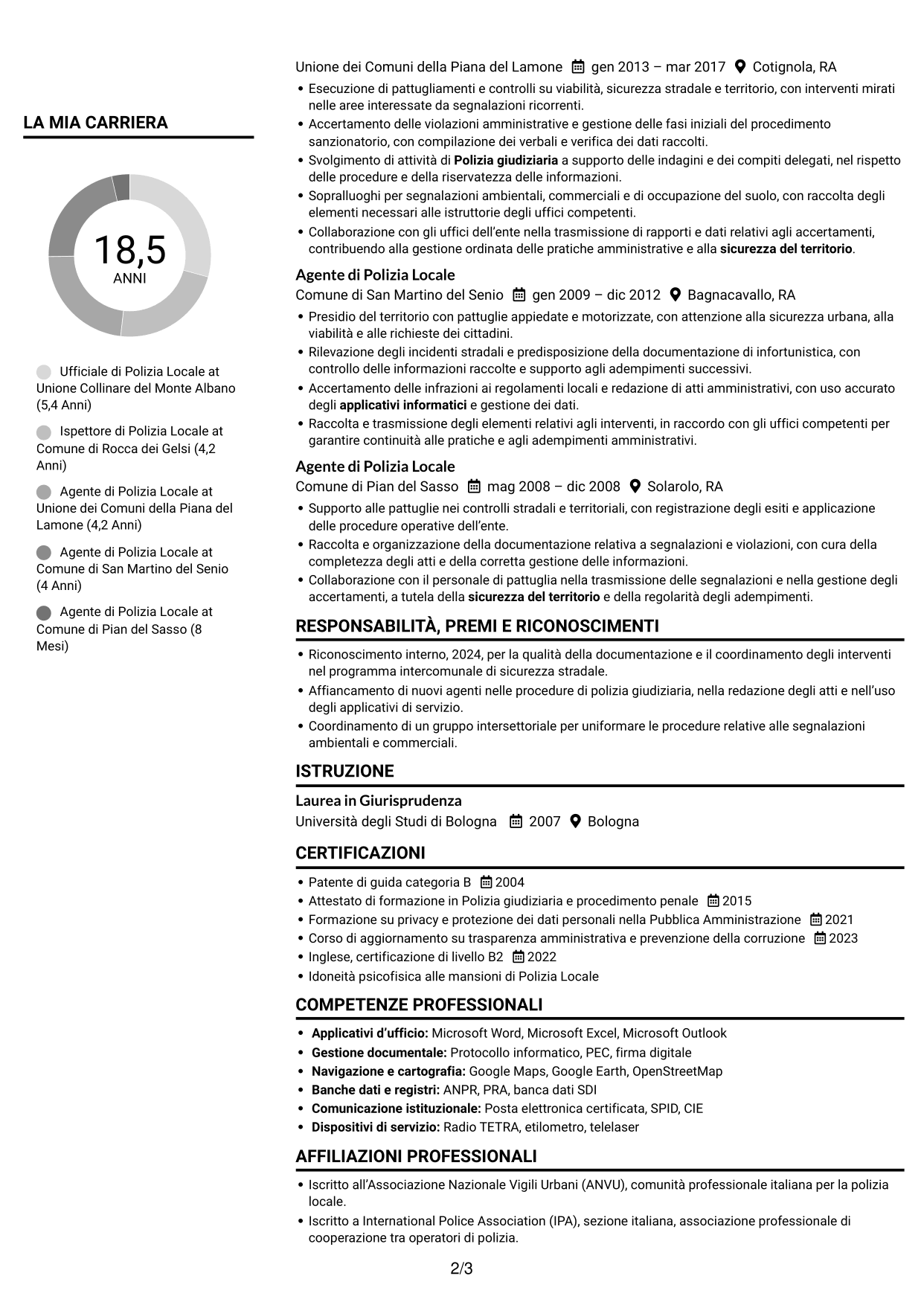 CV Compatto (formato sobrio a due colonne con foto): Ufficiale di Polizia Locale - Vigilanza e polizia giudiziaria, pagina 2