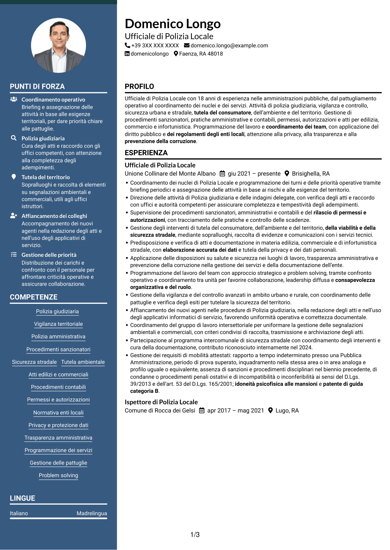 CV Elegante (formato con colonna laterale colorata e foto): Ufficiale di Polizia Locale - Vigilanza e polizia giudiziaria, pagina 1