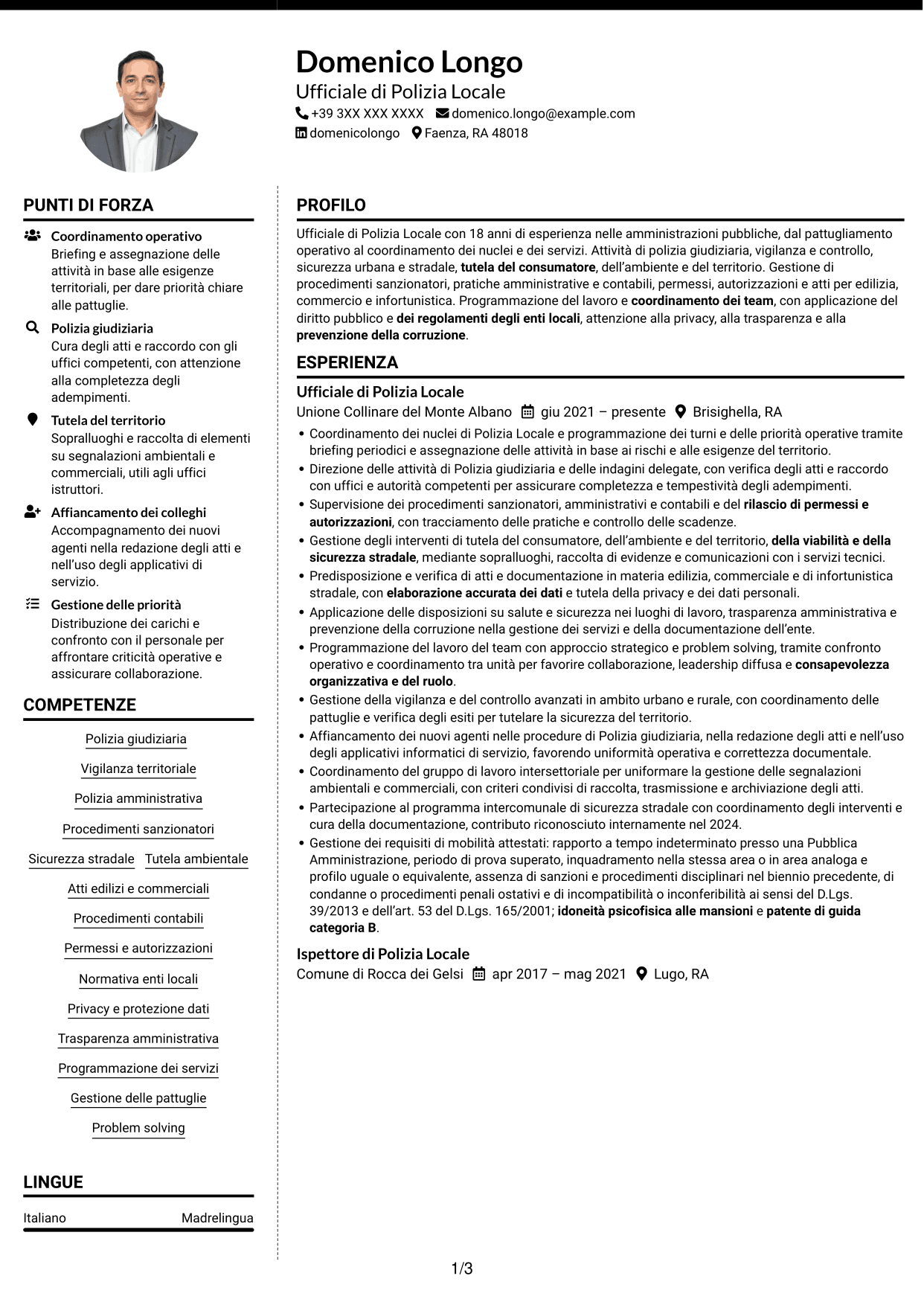 CV Moderno (formato a due colonne con foto a sinistra e separatore): Ufficiale di Polizia Locale - Vigilanza e polizia giudiziaria, pagina 1